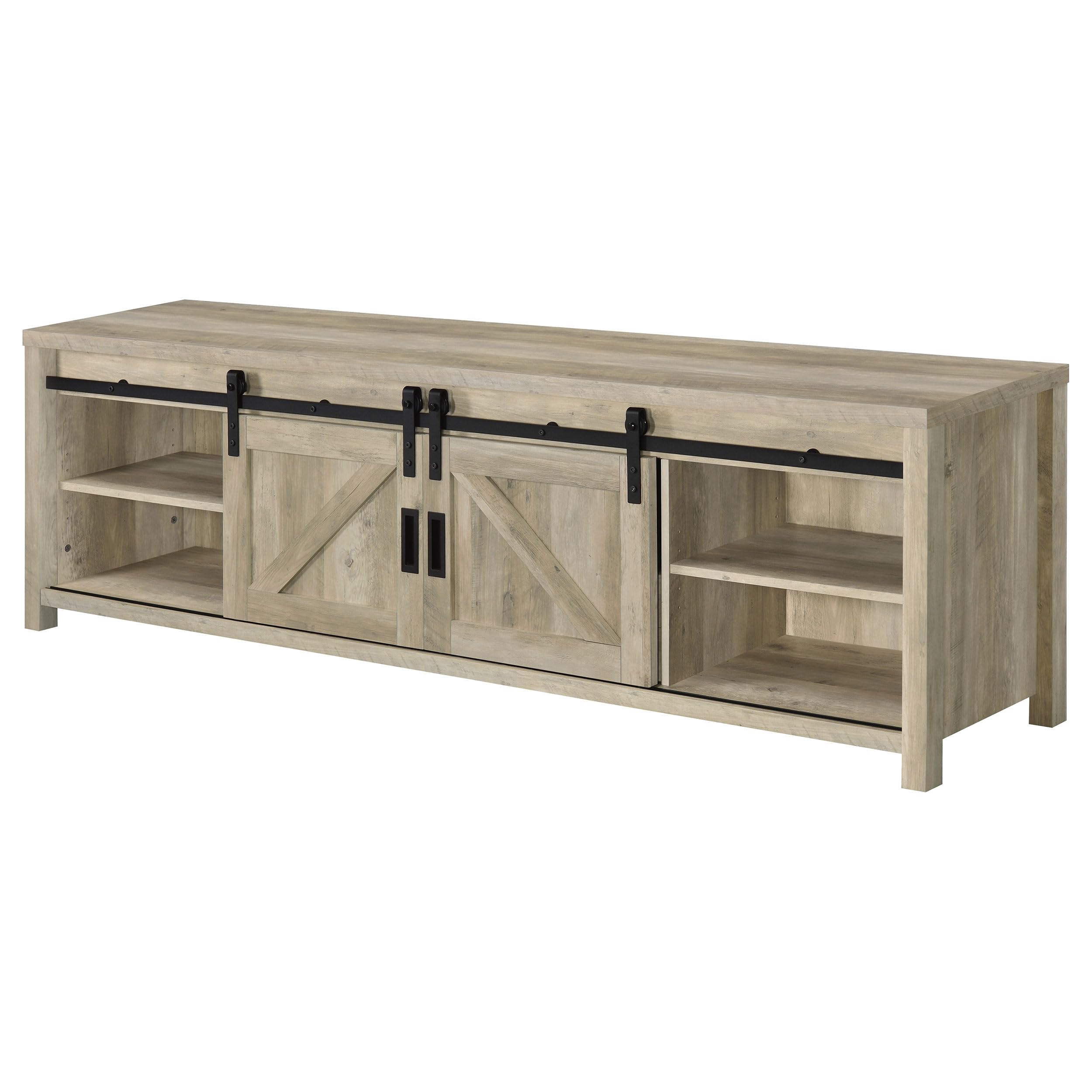 Coaster Home Furnishings - Madra - Engineered Wood - 79-Inch 2-Door TV Stand with Sliding Barn Doors, Open Shelves - Living Room - Distressed Pine - 736263