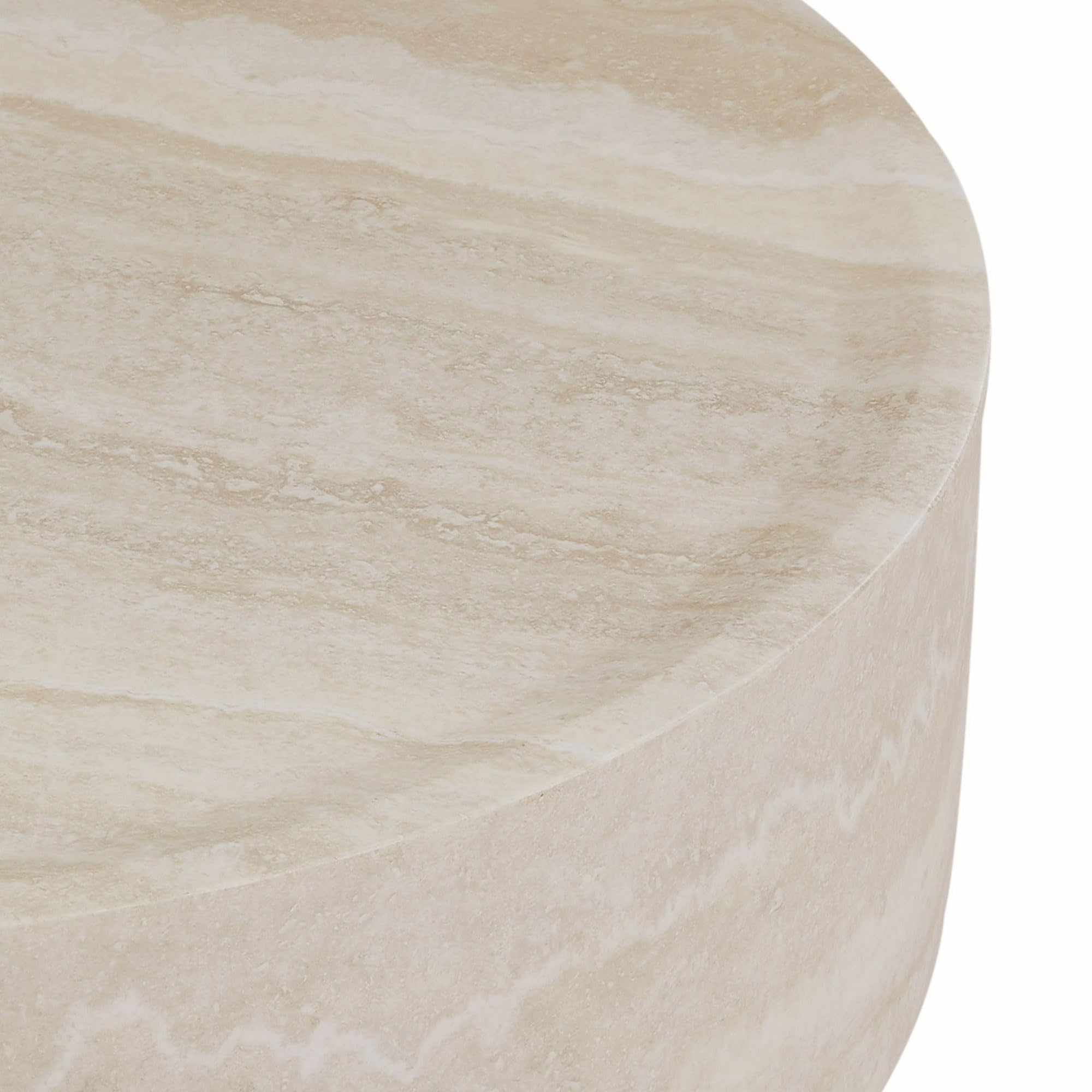 KEIKI 35" Round Fiberglass Coffee Table with Faux Mars Pattern, Modern Style Circle Coffee Table with Faux Travertine Textured, No Assembly Required, for Living Room, Bedroom, Reception Room, Marble