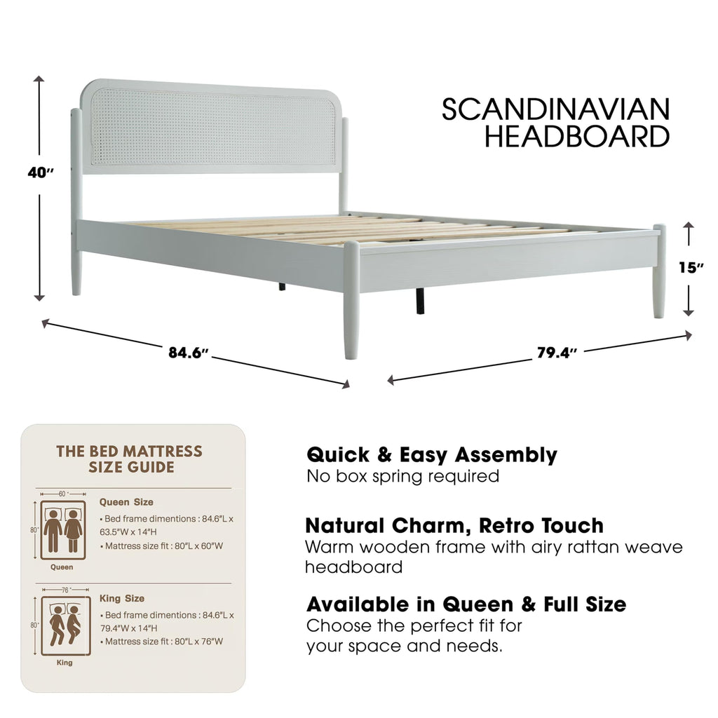 King Size Frame Solid Wood Platform Bed, Headboard & Footboard, 12 Durable Slatted Base, Metal Legs, No Box Spring Needed, Anti-Slip & Noise-Free, Easy Assembly, Pure White Finish JMK-39