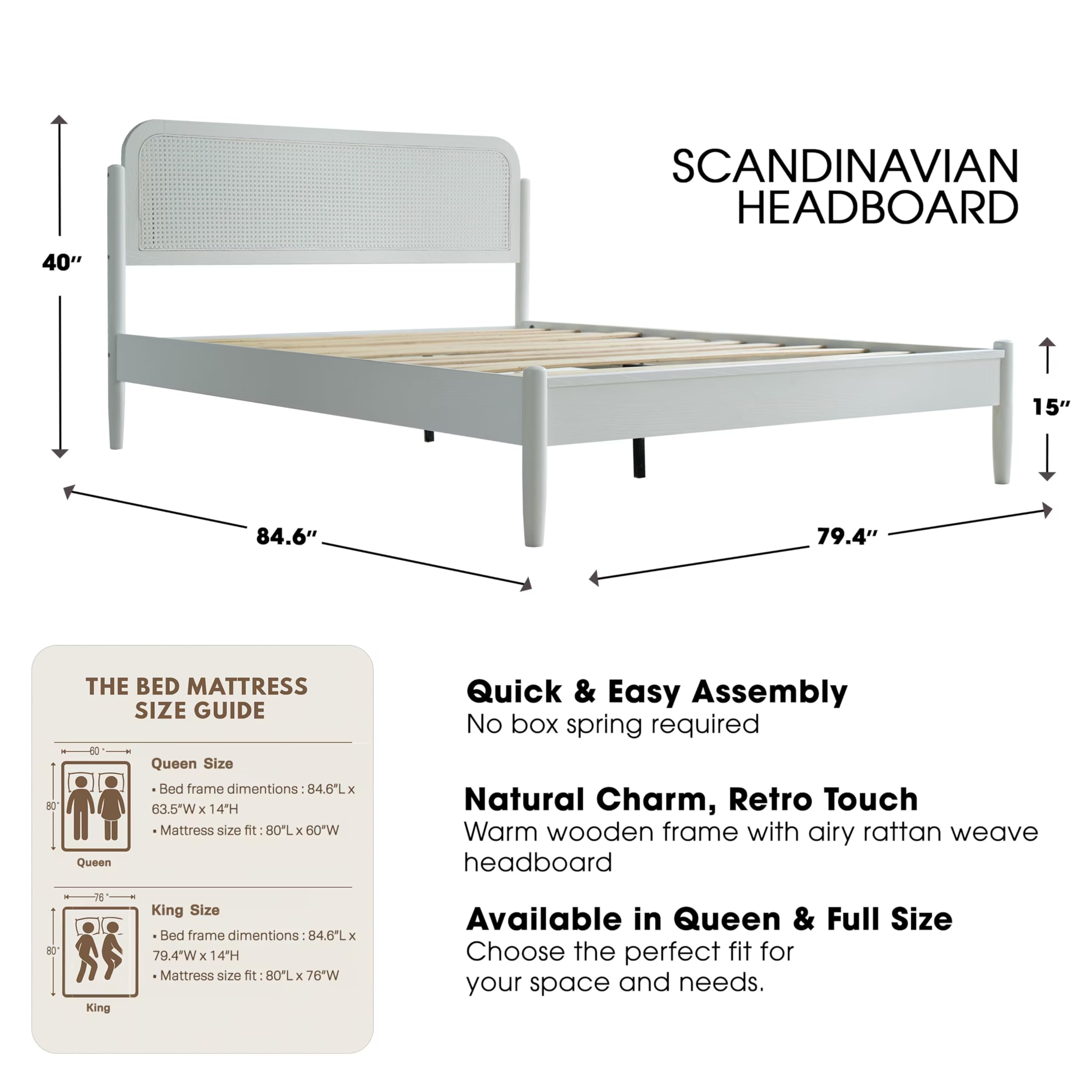 King Size Frame Solid Wood Platform Bed, Headboard & Footboard, 12 Durable Slatted Base, Metal Legs, No Box Spring Needed, Anti-Slip & Noise-Free, Easy Assembly, Pure White Finish JMK-39