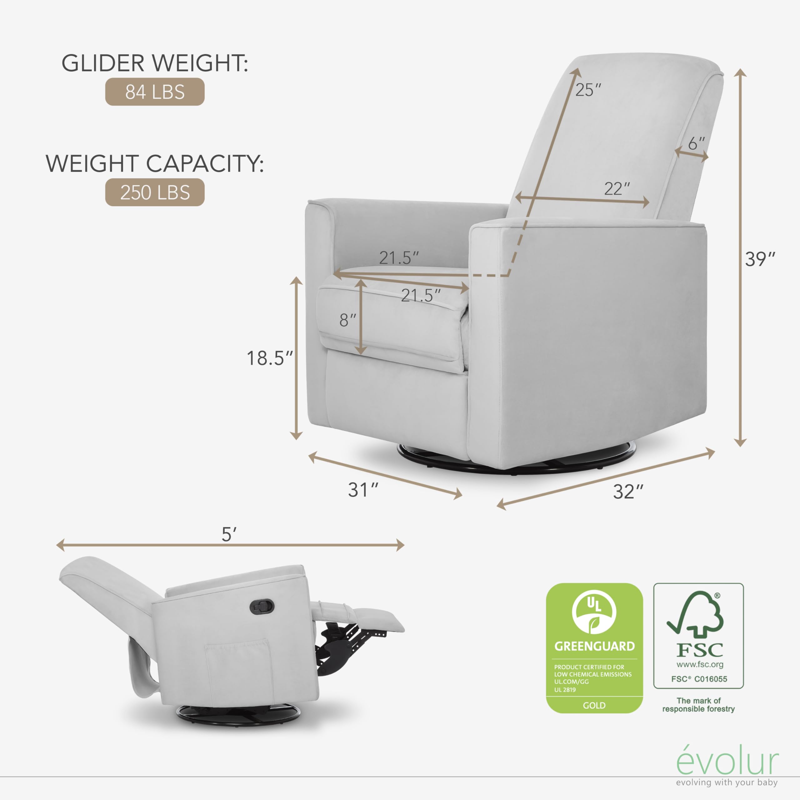 Evolur Raleigh Upholstered Manual Glider Recliner– Rocking & 360° Swivel with Smooth Glide – Greenguard Gold & FSC Certified – Modern Nursery and Living Room Chair in Grey
