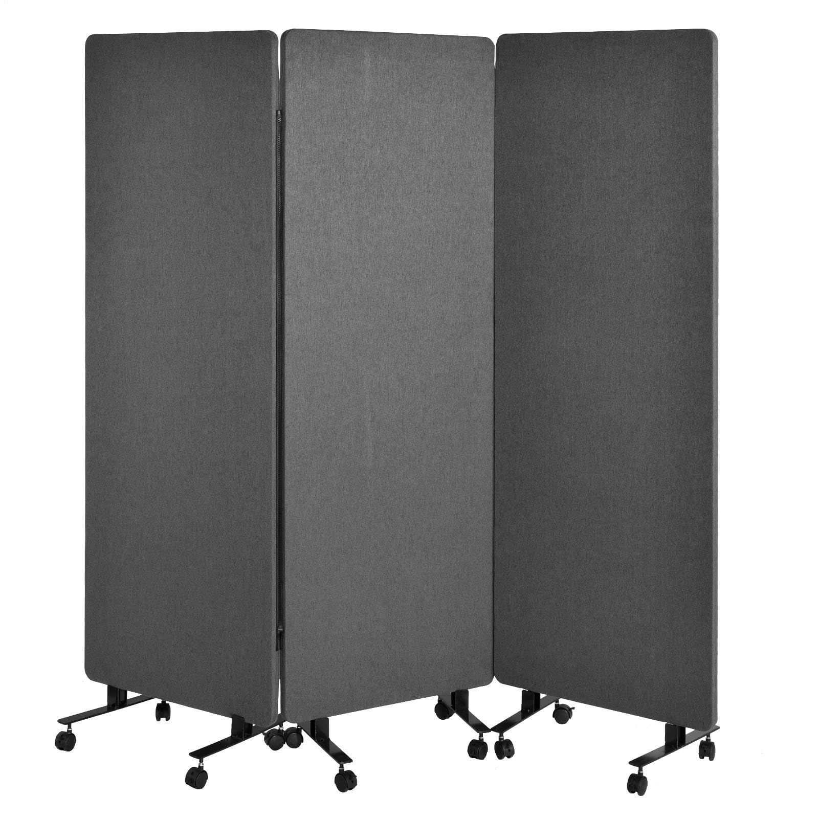 Room Divider with Wheels 72x66 Inch, 3 Panel Folding Privacy Screen, Portable Sound Proof Partition Wall for Office Studio School Hospital, Freestanding Temporary Wall on Casters, Dark Grey