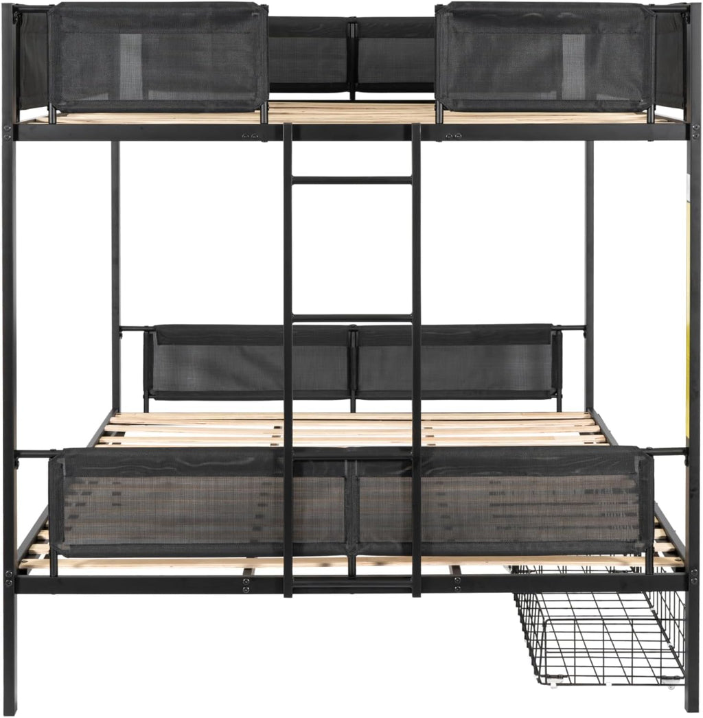 DNYN Queen Over Queen Bunk Bed with Drawers for Kids Bedroom,Space Saving Metal Bedframe w/Ladder & Safety Rails,Easy Assembly & No Box Spring Needed,for Dorm,Guest Room, Black