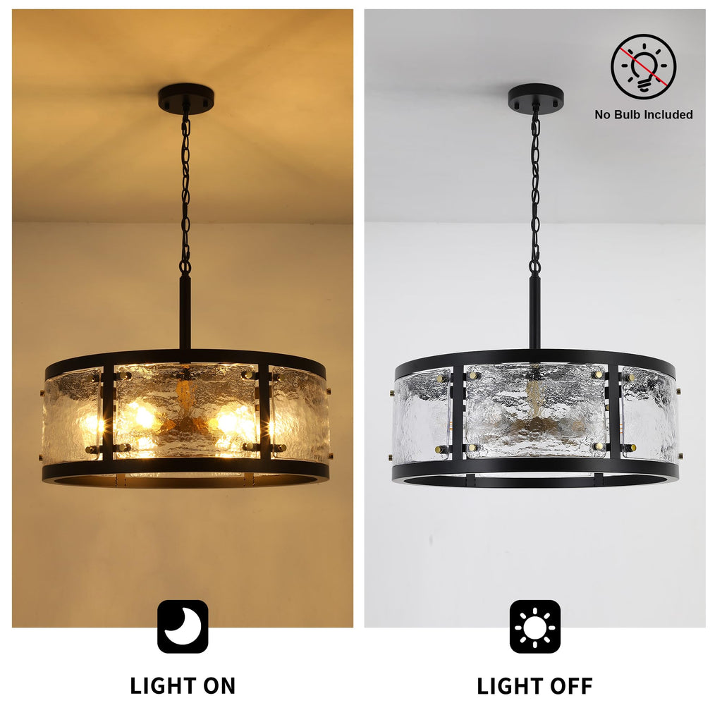 CNRATYE 23.6" Large Farmhouse Drum Black Chandelier, 6-Light Vintage Round Glass Chandeliers for Dining Room, Industrial Light Fixture for Kitchen Living Room Stairwell, Clear Waterglass Drum Shade
