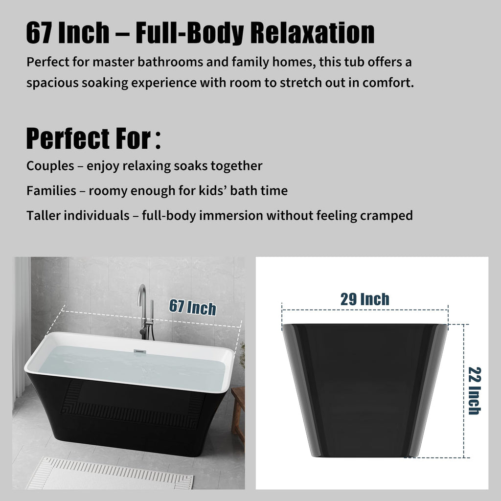 67 inch Freestanding Bathtub, Luxury Acrylic Freestanding Tub with Overflow and Chrome Drain, Extra Large Stand Alone Soaking Bathtub for Modern Bathroom