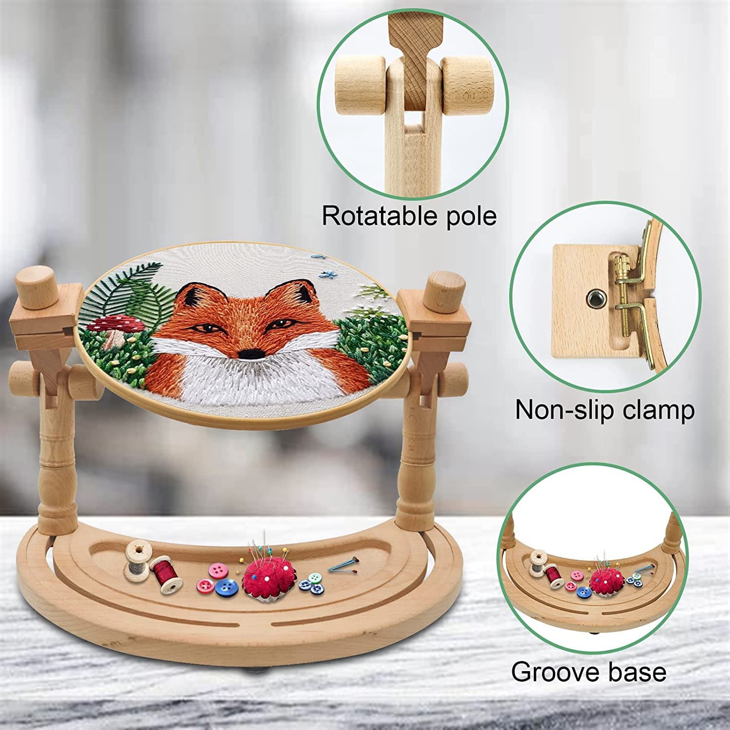 Adjustable Embroidery Stand, Wooden Hoop Stand Holder,Desktop 360° Rotating Embroidery Kit Lap Frame,B