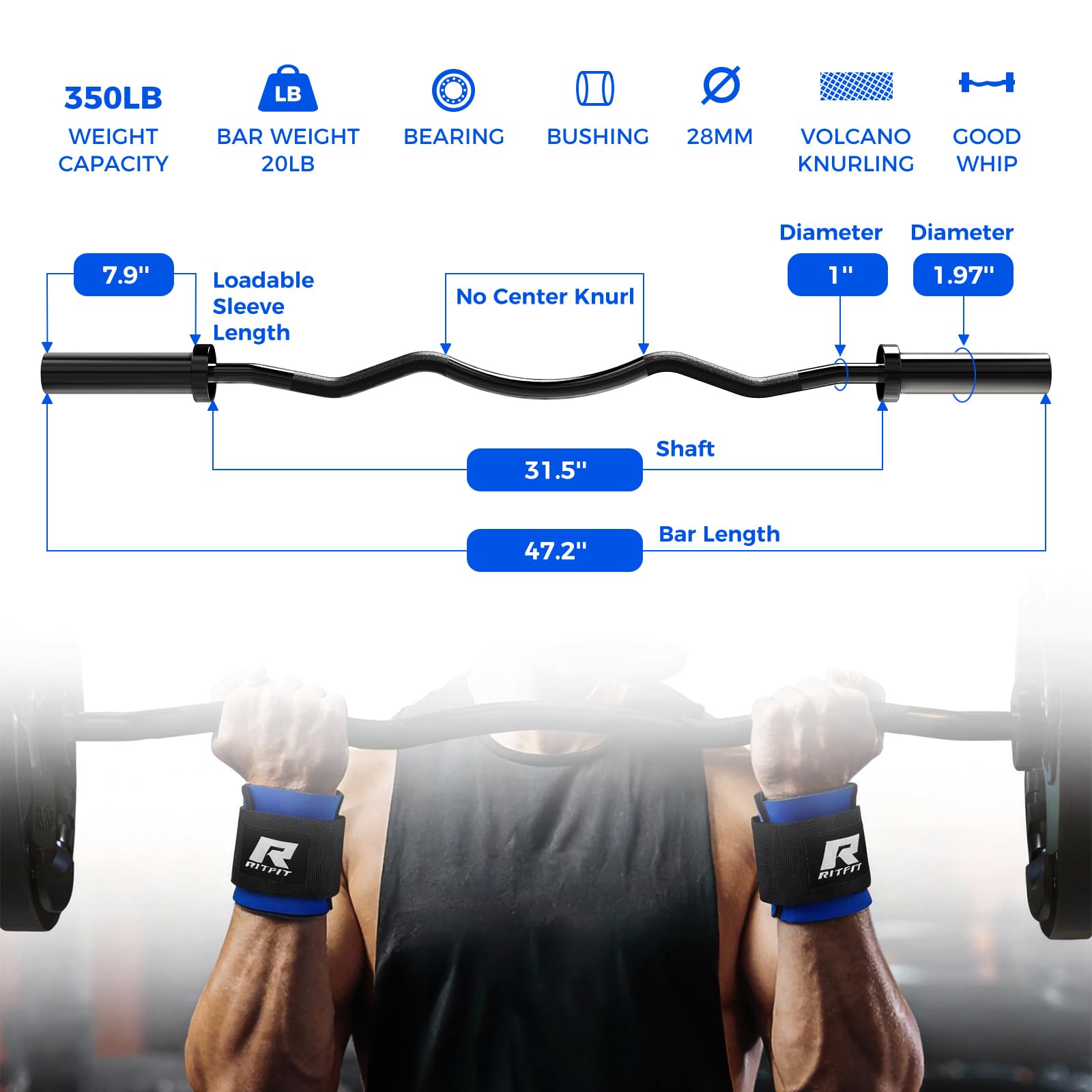RitFit 2 Inch EZ Curl Bar with Weights, 350LBS Capacity Olympic Barbell for Bicep & Triceps, Home Gym Strength Training,Black with 85LBweights