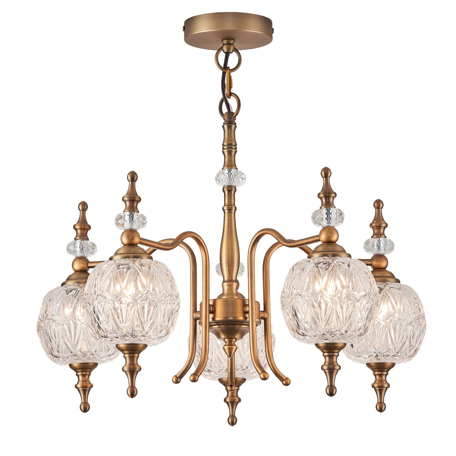 TLOLGT Chandeliers Vintage 5 Lights Brass Glass Pendant Lighting Fixtures Rustic Style Chandelier Matte Brushed Antique Brass Finish with Crystal Glass Shade for Kitchen Island Farmhouse
