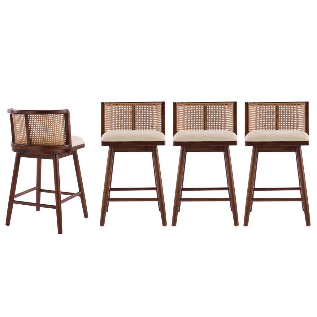 Christopher Knight Home Lious Counter Height Bar Stools Set of 4, Fabric Upholstered Bar Stool for Kitchen Island, Rubberwood Counter Stools with Woven Rattan Backrest, Beige + Dark Walnut