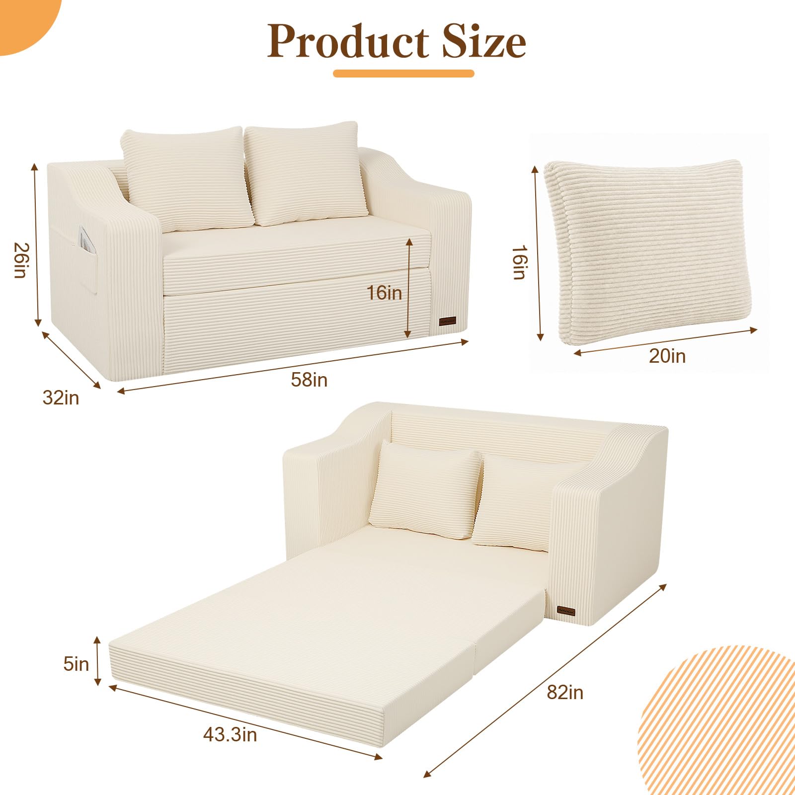 MeMoreCool Convertible Sofa Bed, Pull Out Loveseat Sofa Sleeper Couch for Bedroom Living Room Lounge, 2 in 1 Small Couch Bed with Pillow, Foldable Love Seat Futon Corduroy Beige