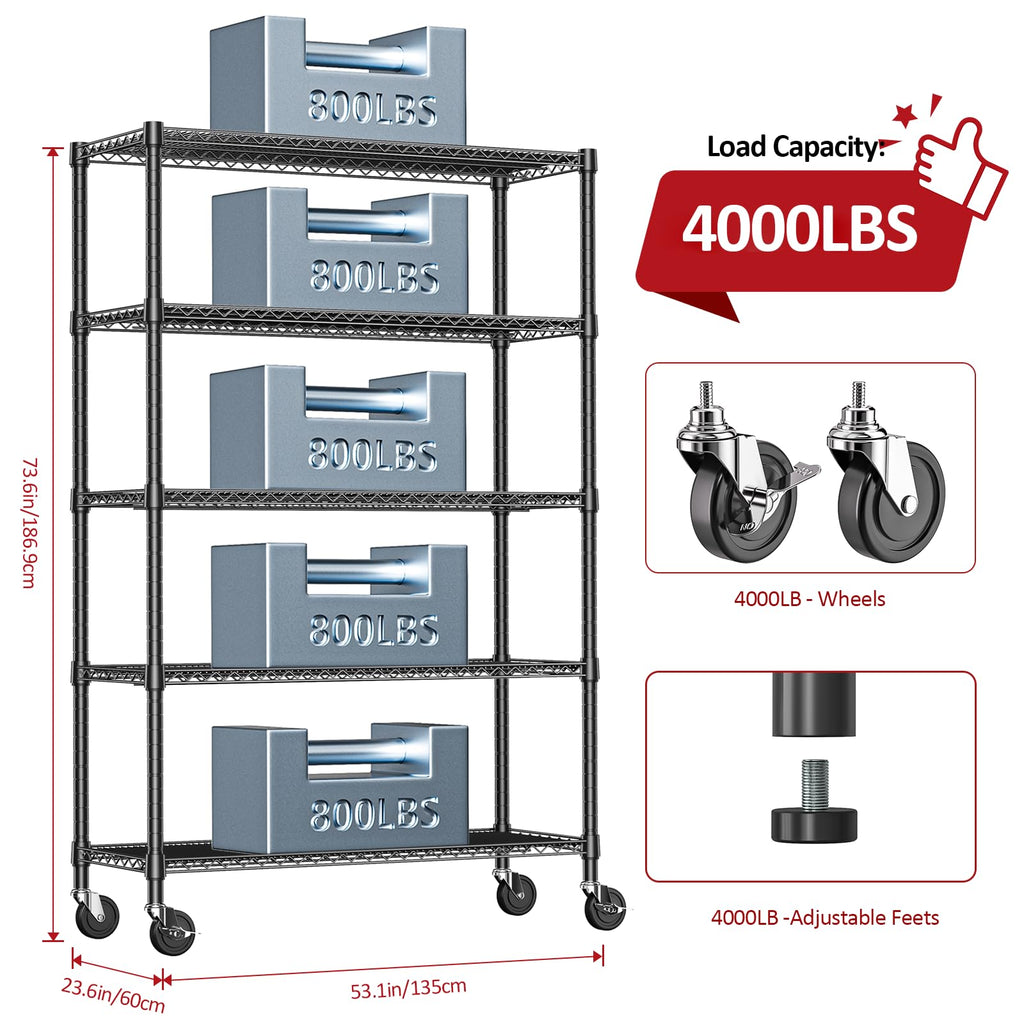 IZEUK Garage Shelving Wide Storage Shelves 5 Tier Metal Shelves 4000 LBS Heavy Duty Adjustable Utility Shelf Rack Black 23.6" D x 53.1" W x 73.6" H