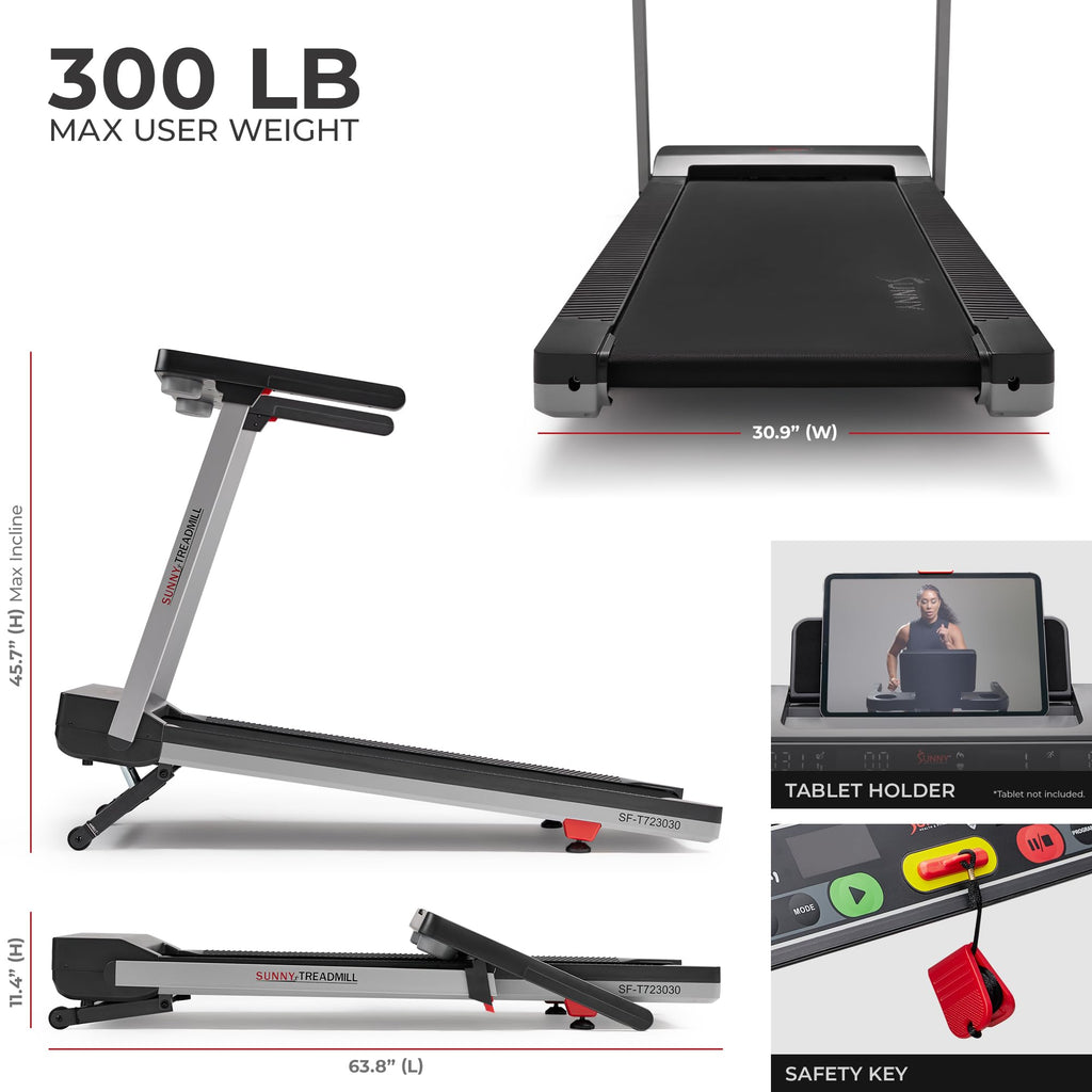 Sunny Health & Fitness Foldable 15 Level Auto Incline Treadmill, 20" Wide Running Belt, Quiet Brushless, Digital Display, 300 LB Weight Capacity, SunnyFit App Bluetooth Connection