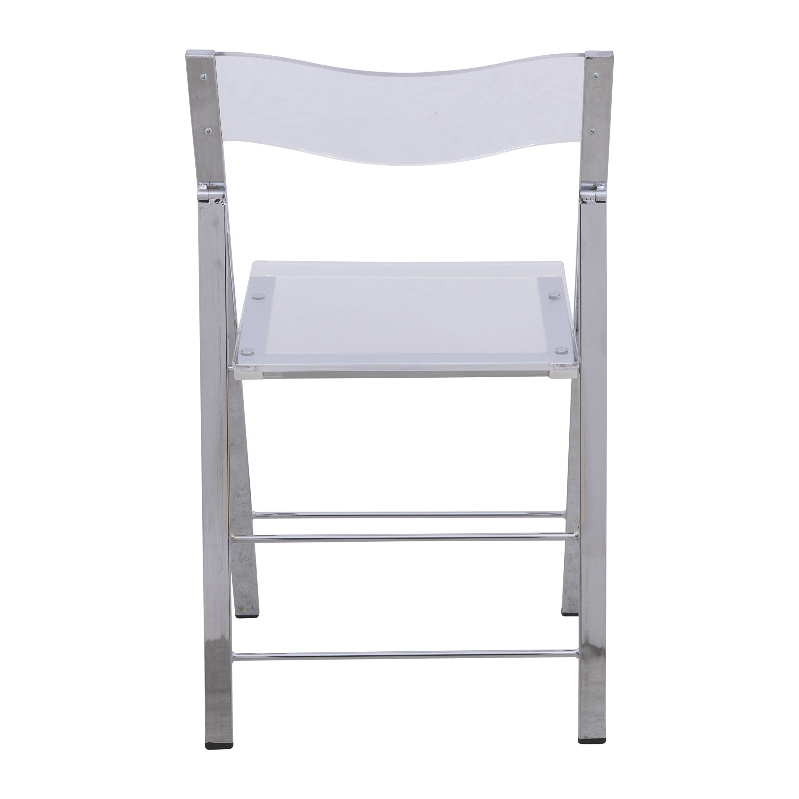 LeisureMod Transparent Acrylic Folding Chair, Lightweight Iron Chrome Base, Comfortable Clear Desk Chair, No Assembly Needed (Set of 2) in Clear