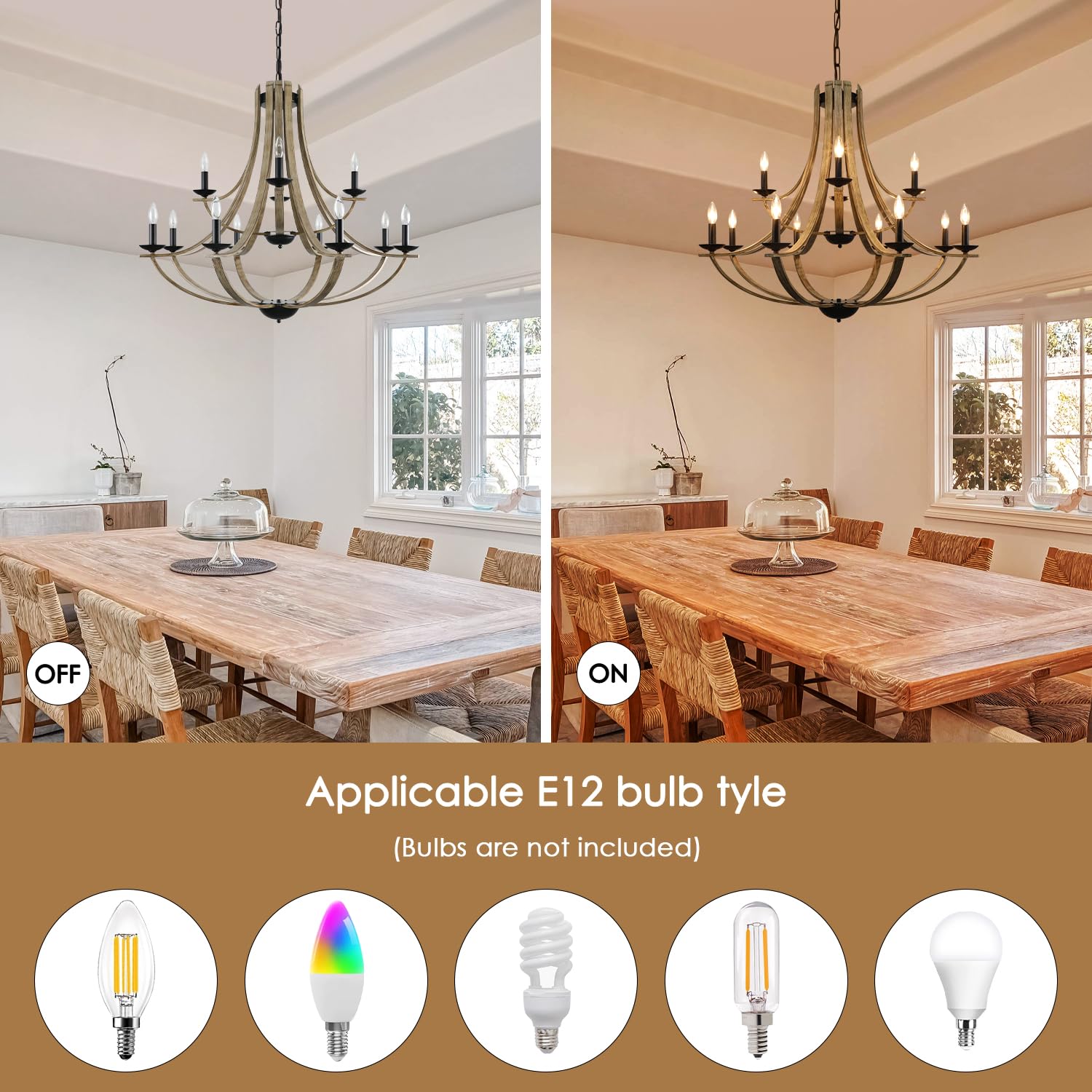 LAMPKEDUO Farmhouse Chandeliers for Dining Room Light Fixture, 2 Tier 12-Light 41" Adjustable Height Retro Faux Wood Texture Rustic Light Fixtures for Living Room Bedroom Kitchen Island Foyer Entryway