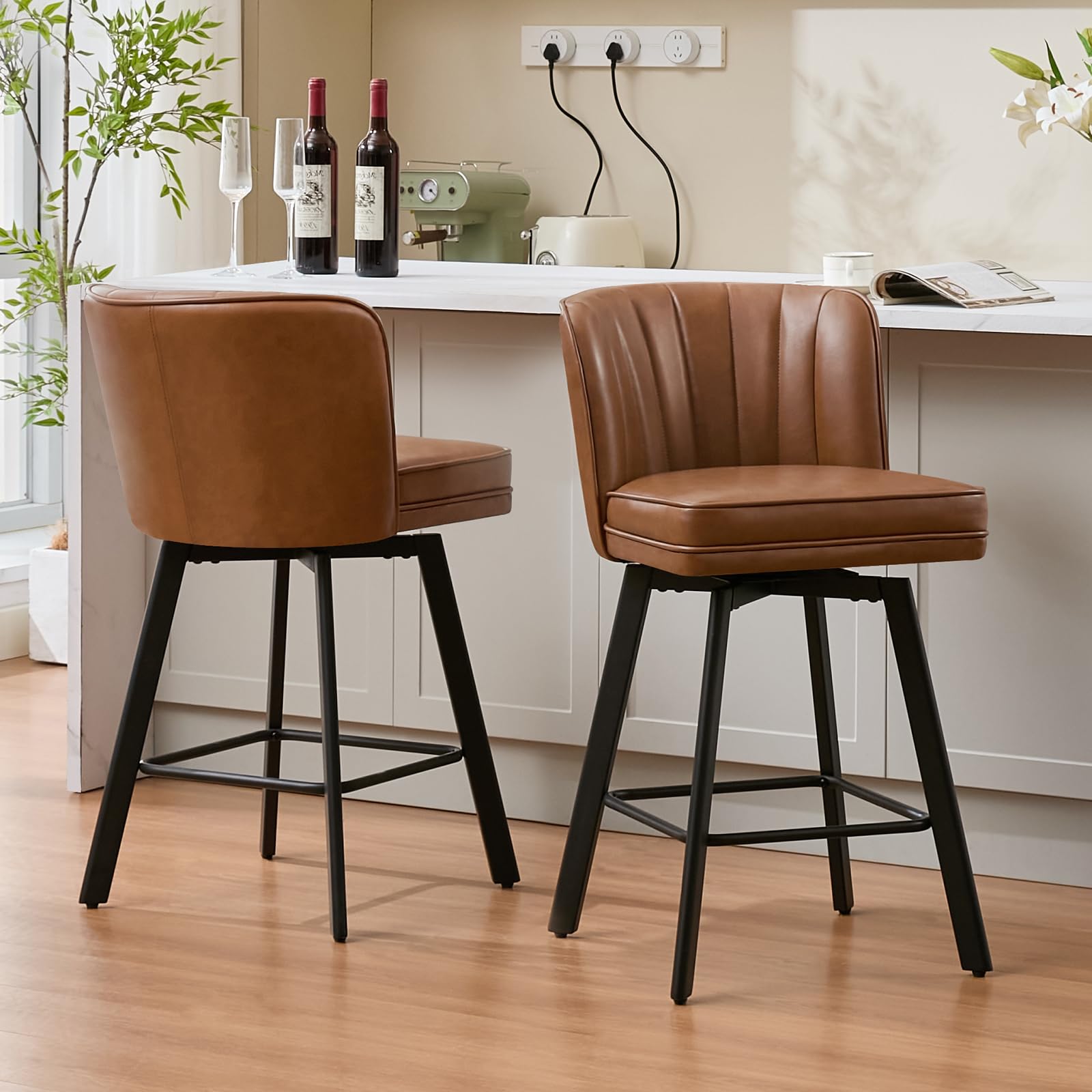 SAECKBERG Swivel Counter Height Bar Stools Set of 4, 26'' Modern Barstools with Backs and Metal Legs, Upholstered Bar Chairs, Faux Leather Dark Brown Stools for Kitchen Island Chairs