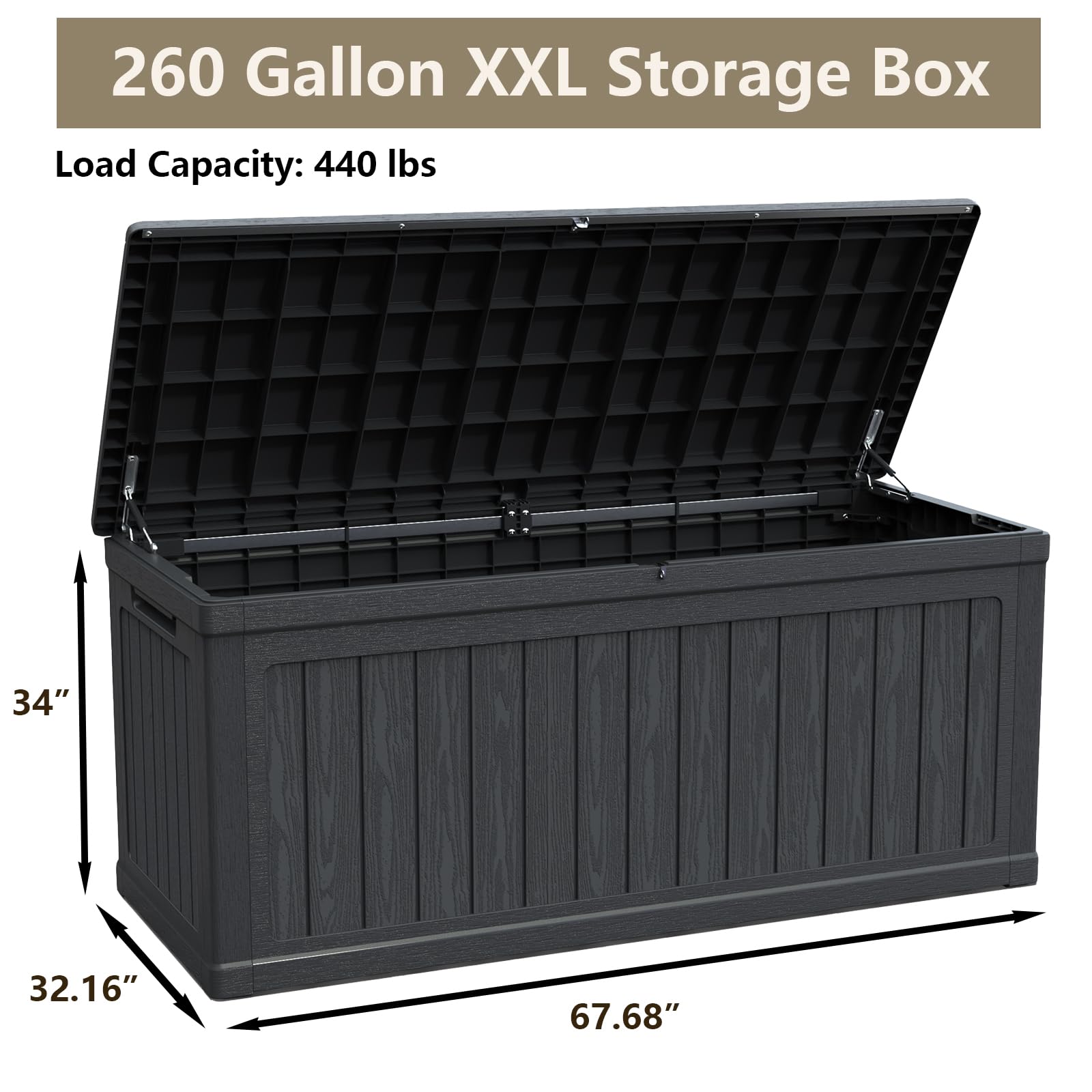 WELBEST 260 Gallon XXL Outdoor Storage Box Waterproof Resin Large Deck Box for Patio, Yard, Garden Tools, Black