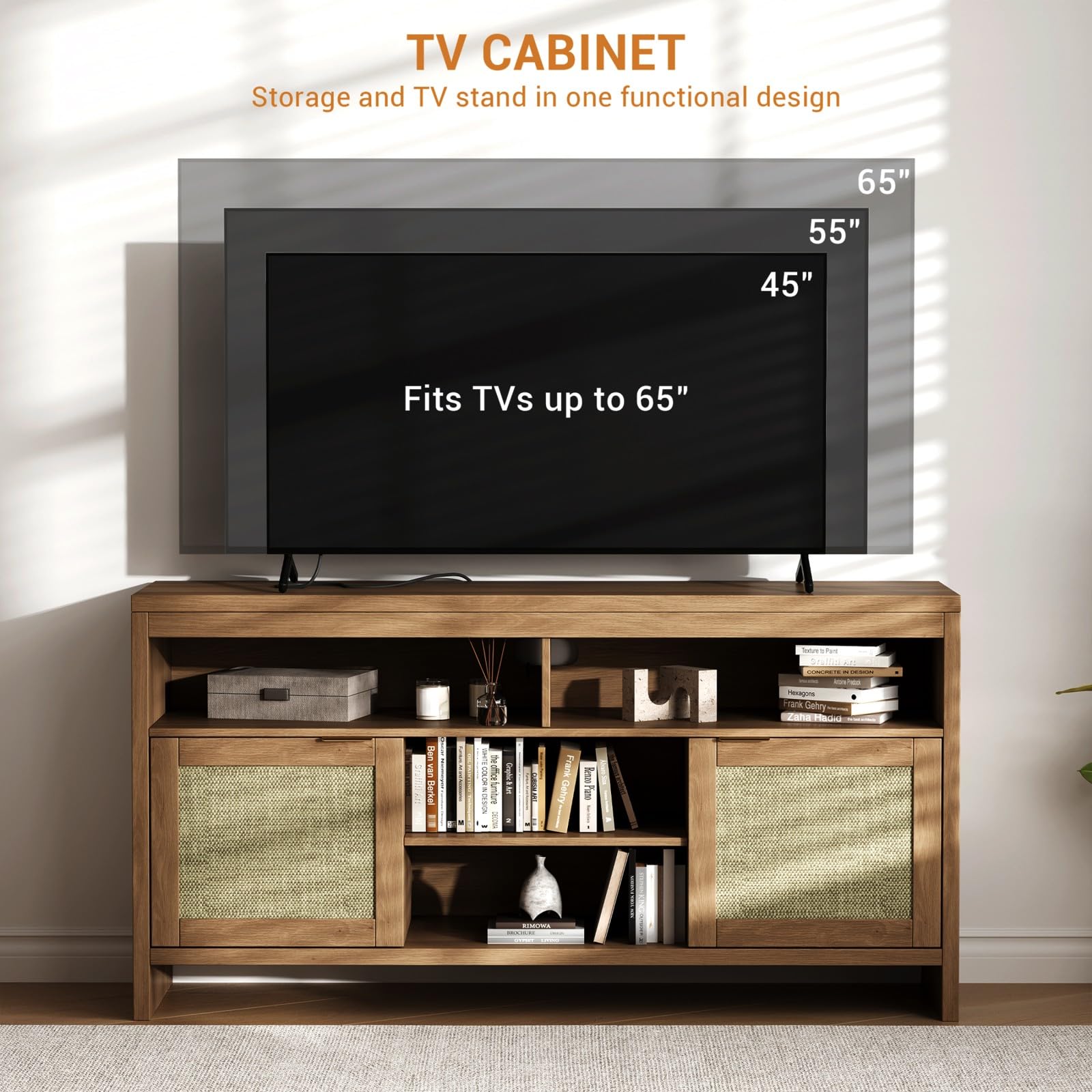 GarveeHome Boho TV Stand for TV Up to 65 in,58" Modern Rattan Entertainment Center with Storage and Adjustable Shelves,Wooden TV Console Cabinet with Doors for Living Room/Bedroom/Farmhouse(Brown)