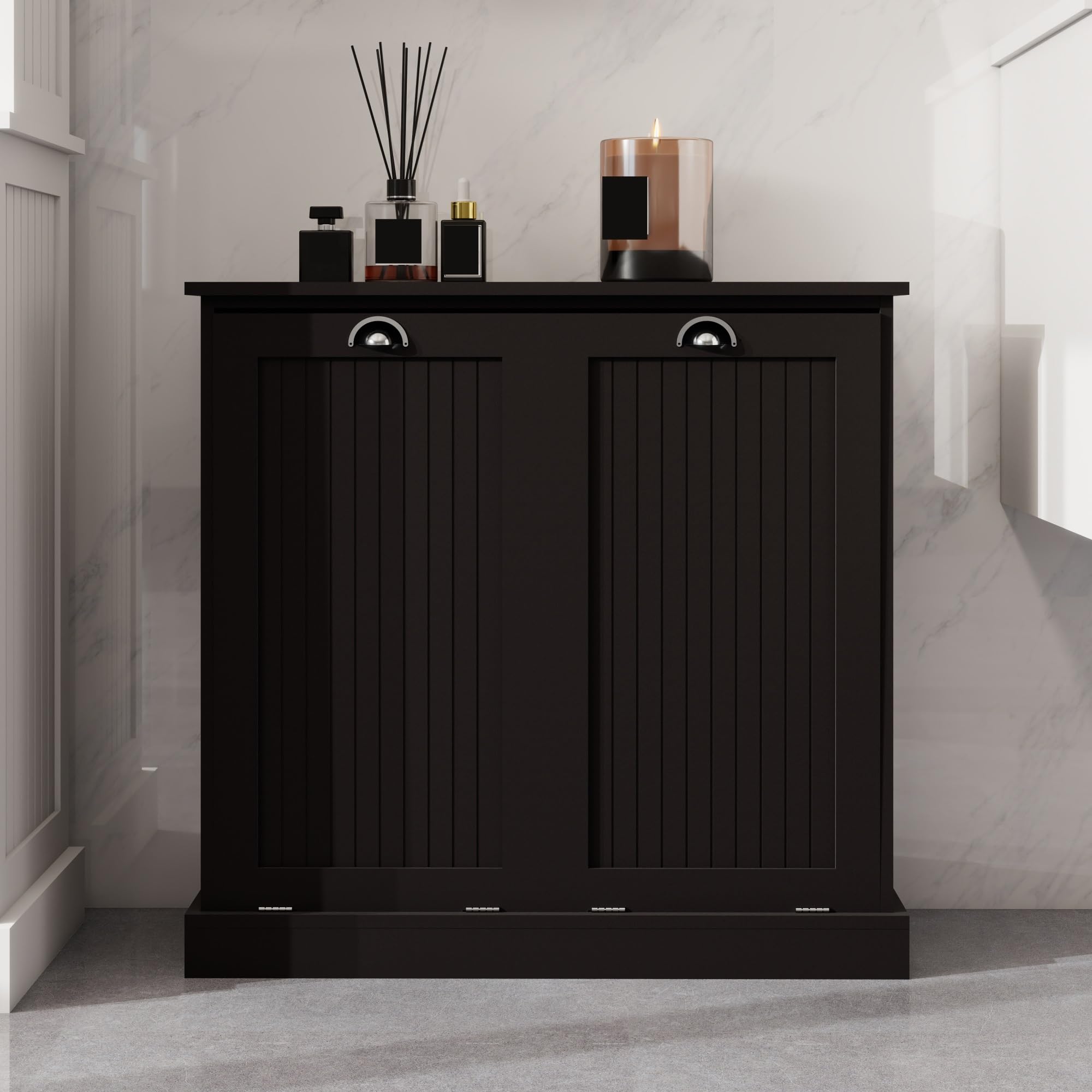 Contemporary Storage Cabinet, Two-Compartment Tilt-Out Laundry Sorter Cabinet, for Bathroom Hallway,for The Kitchen