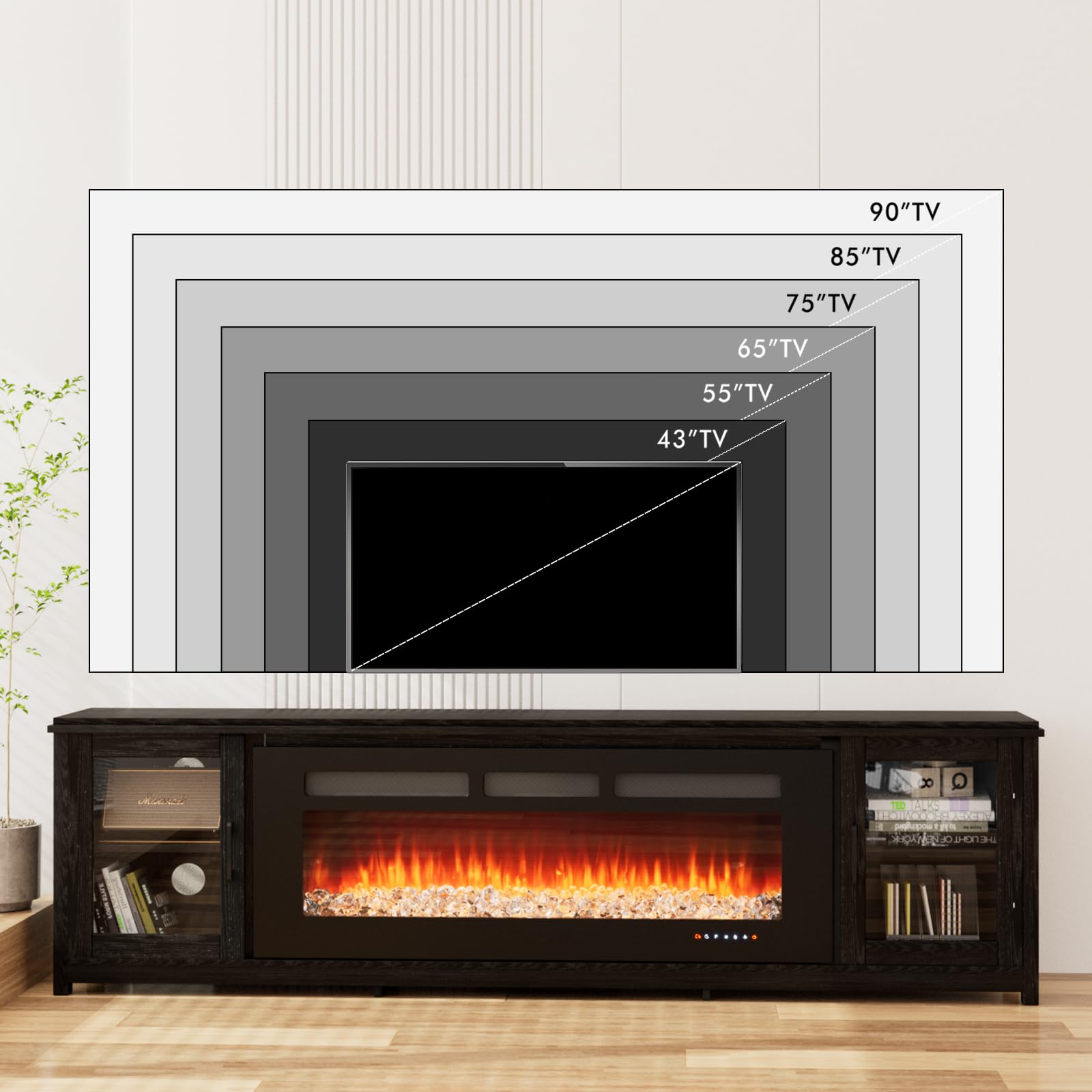 OneBlis 80" Fireplace TV Stand, Modern Entertainment Center with 50" Electric Fireplace for TVs Up to 90", TV Console for Living Room, All Black