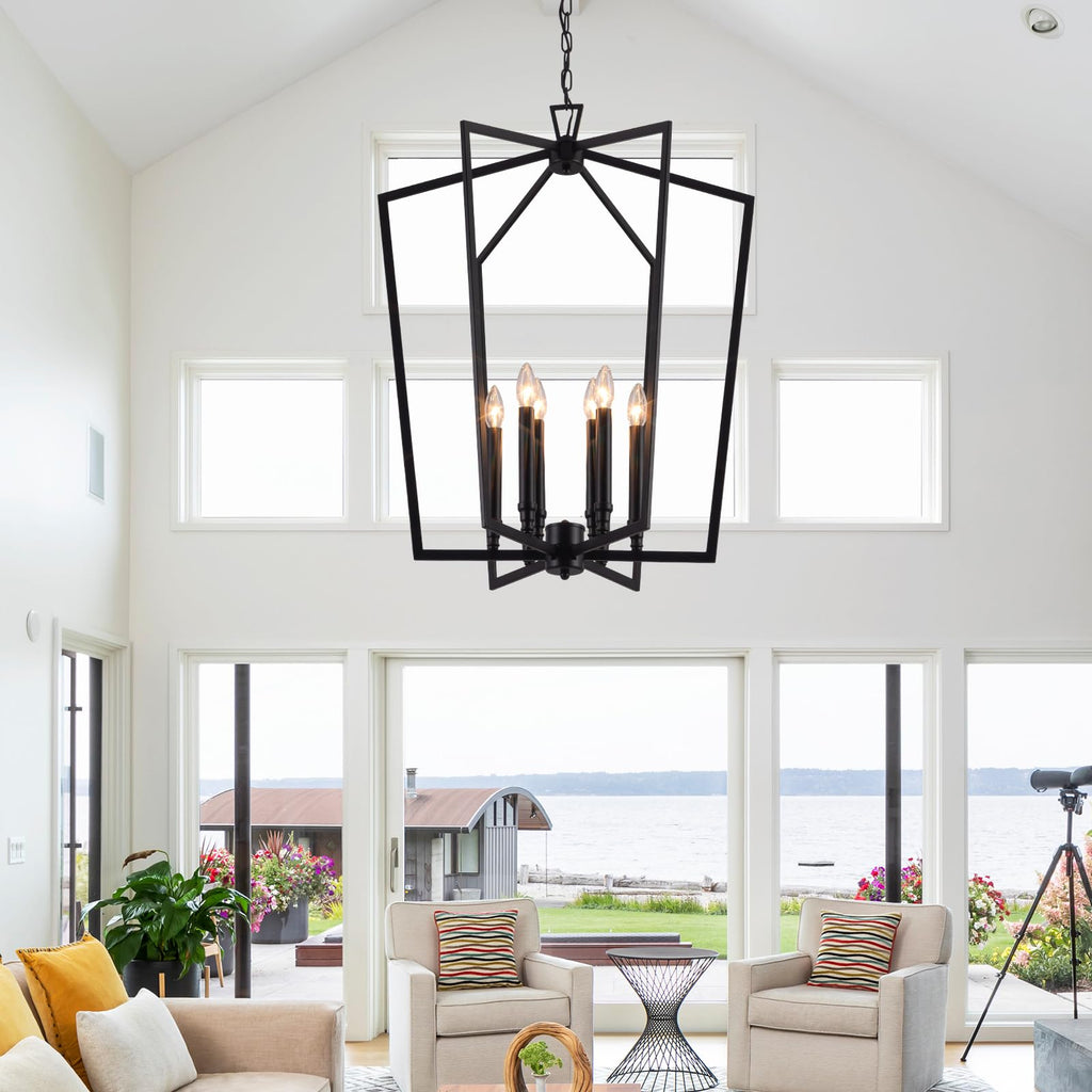 Vezzio 6-Light Black Chandelier for Entryway Foyer, D25 Inch Modern Farmhouse Industrial Pendant Light Fixture Adjustable Chain Dimmable for High Ceiling Dining Room Kitchen Island Hallway Stairway
