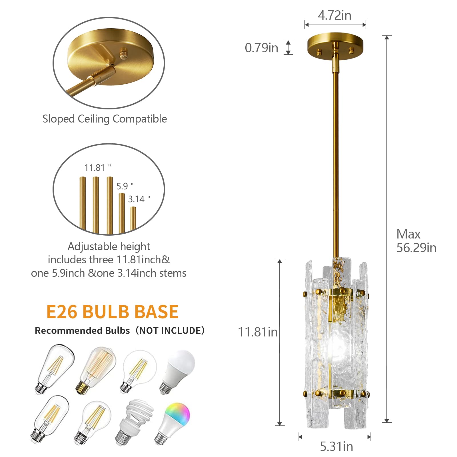 LIANGMH Modern Crystal Pendant Lighting Gold Pendant Lights Mini Glass Chandeliers, Adjustable Pendant Light Fixture for Kitchen Island Bedroom Living Room Dining Room Corridor(3Pack)