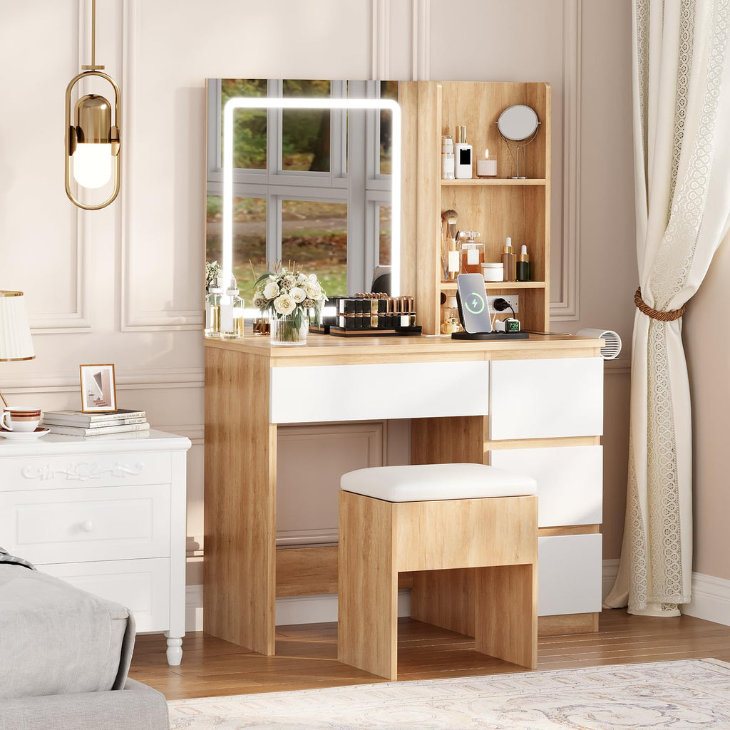 Vanity Desk with Mirror and LED Light, Vanity Desk with 4 Drawers, Power Outlet, Storage Stool, Open Shelves, Hairdryer Holder, Adjustable 3 Lighting Mode, Makeup Vanity Set for Bedroom, Wood Color