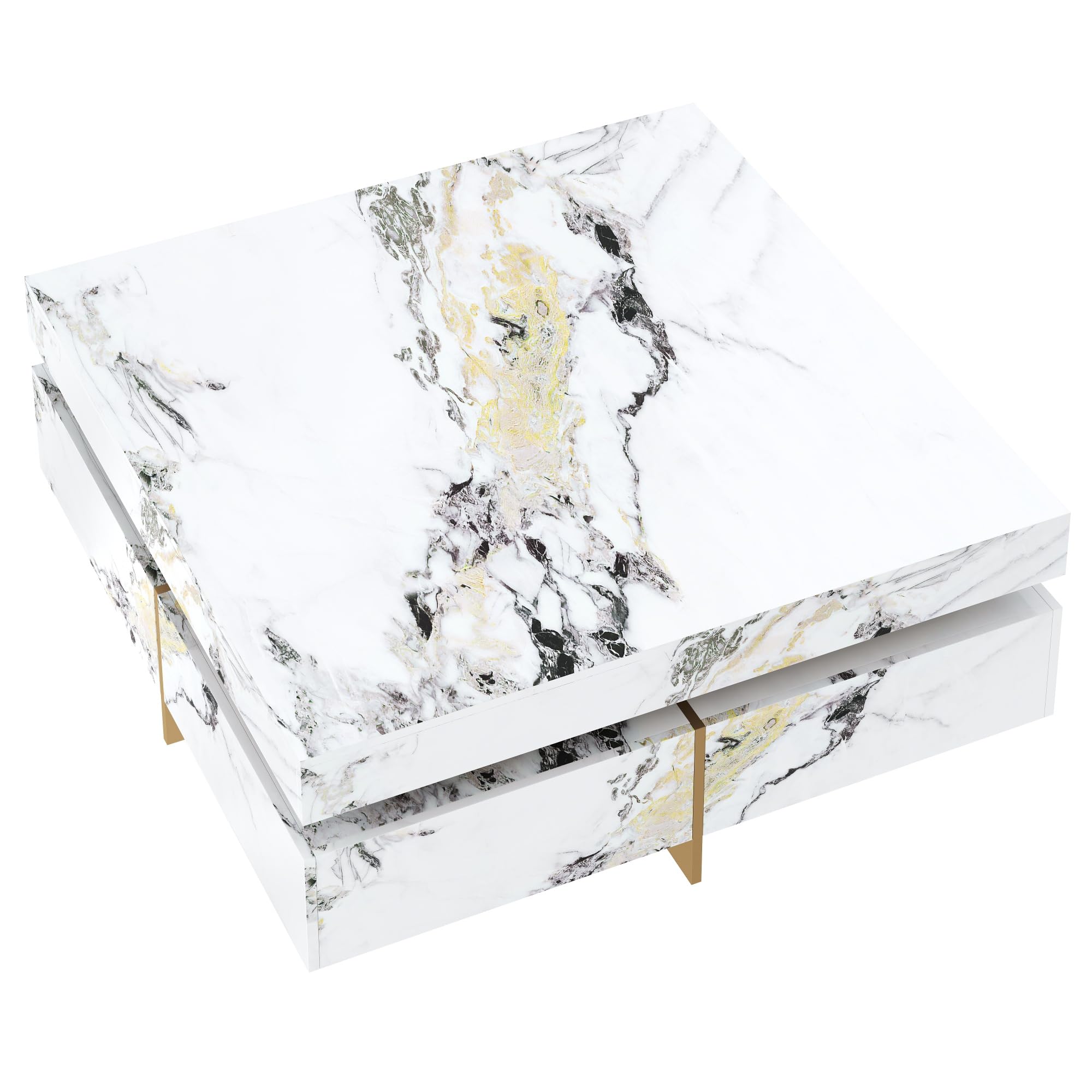 Merax 43.3 Inch Modern Large Square Coffee Table with Marble Textured Top, 4 Built-in Drawers Ample Storage and Floating Suspended Base, Modern Elegance White MDF Storage Center Table for Living Room