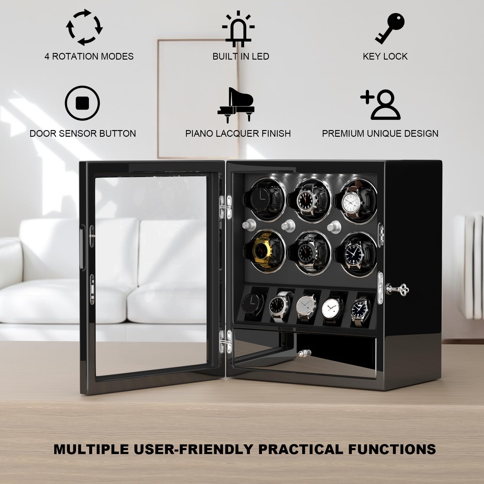 DUKWIN Watch Winder for 6 Automatic Watches,Lockable Watch Winders with Watch and Jewelry Storages, Super Quiet Mabuchi Motor with High-Gloss Piano Lacquer Finish,Built-in Illumination-Black