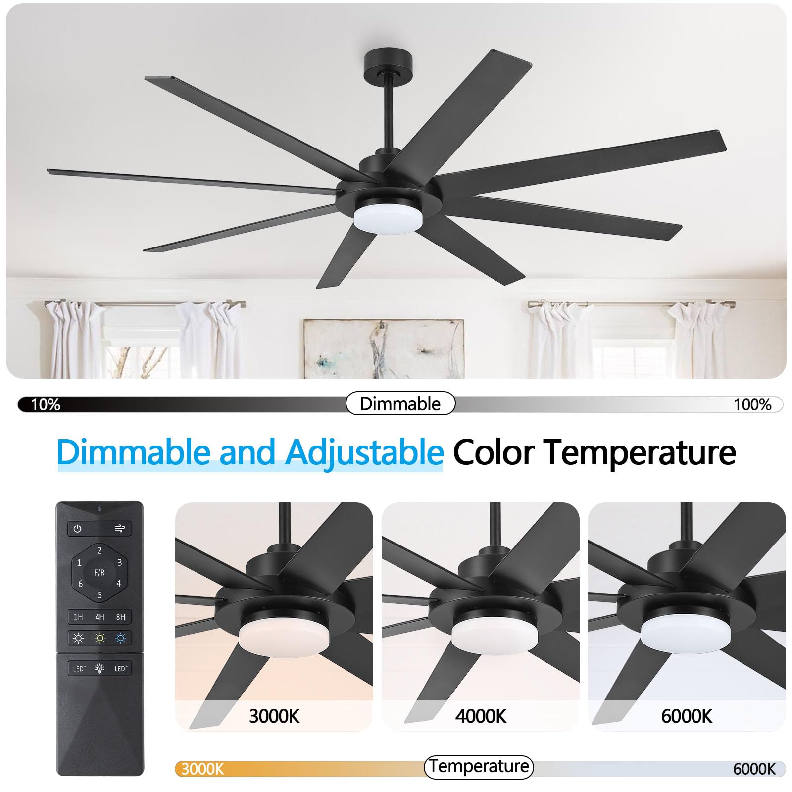 WINGBO 72" Ceiling Fan with Light and Remote Control, 6 Speed Reversible DC Motor, Dimmable LED Light, for Home and Commercial Use, Living Room/Shop/Warehouse Black/Walnut