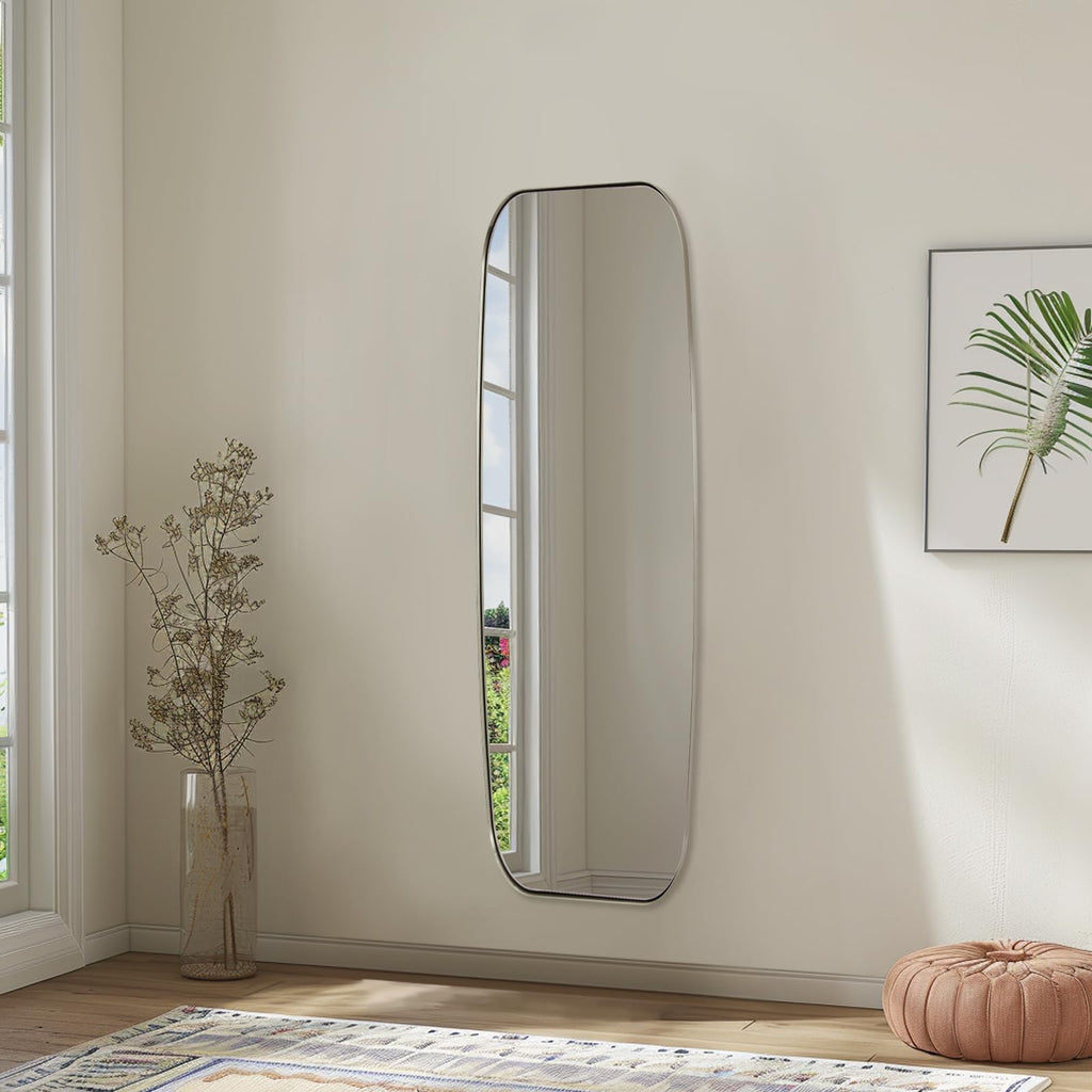ANDY STAR 18x48 Full Length Wall Mirror, Brushed Nickel Oblong Shaped Body Mirror with Stainless Steel Metal Frame, Rounded Corner Design for Floor and Leaning