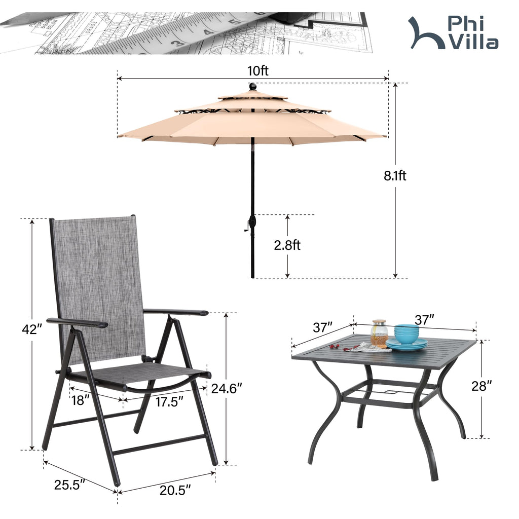 PHI VILLA Outdoor Patio Dining Set with 10ft Umbrella for 4, Outdoor Table Chairs Set with Adjustable Folding Patio Chair for Garden
