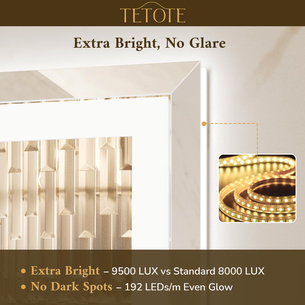 TETOTE 72 x 36 Inch Led Lighted Mirror for Bathroom Wall, Extra-Bright Beveled Bathroom Vanity Frontlit & Backlit Frameless Mirror with 3-Color Lights, Defogging, Tempered Glass, Waterproof