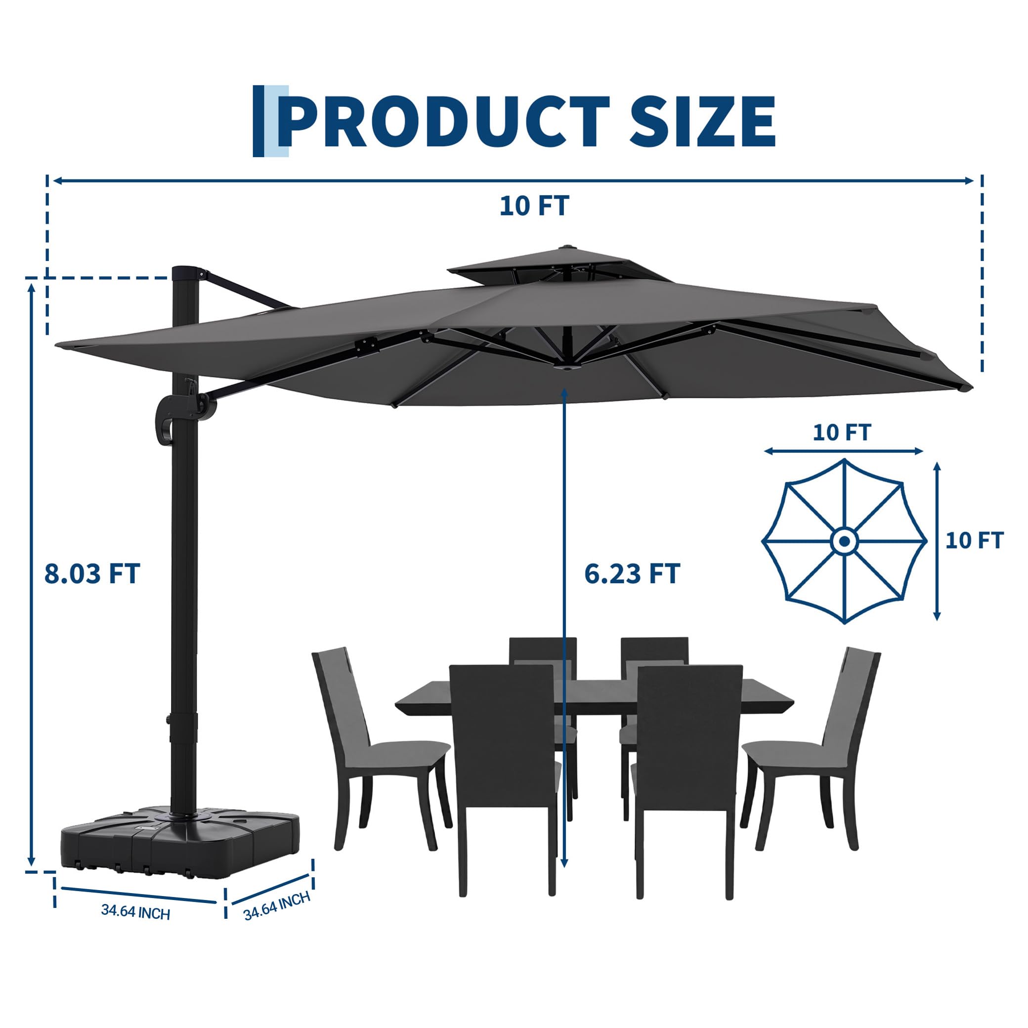 10x10 FT Square Outdoor Umbrella with Base, Cantilever Patio Umbrella with 360° Rotation & Adjustable Height, Heavy Duty Aluminum Umbrella Outdoor Patio for Garden Poolside,Grey
