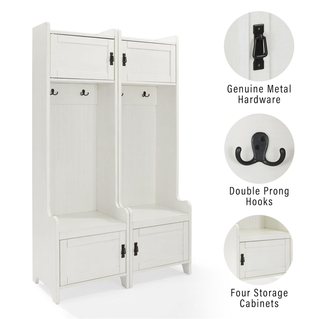 Crosley Furniture Fremont 2-Piece Hall Tree Entryway Set with Storage Cabinets and Coat Rack Hooks, Distressed White
