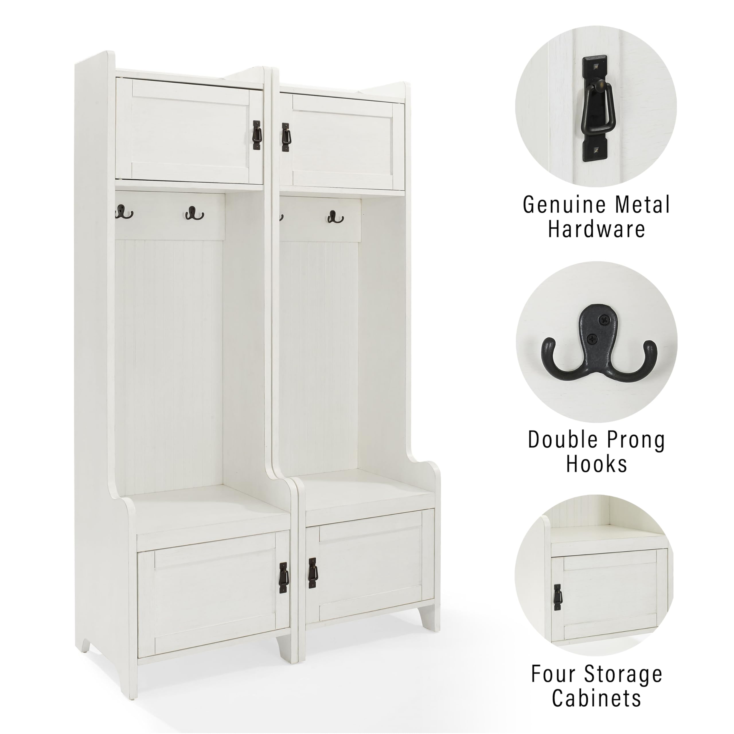 Crosley Furniture Fremont 2-Piece Hall Tree Entryway Set with Storage Cabinets and Coat Rack Hooks, Distressed White