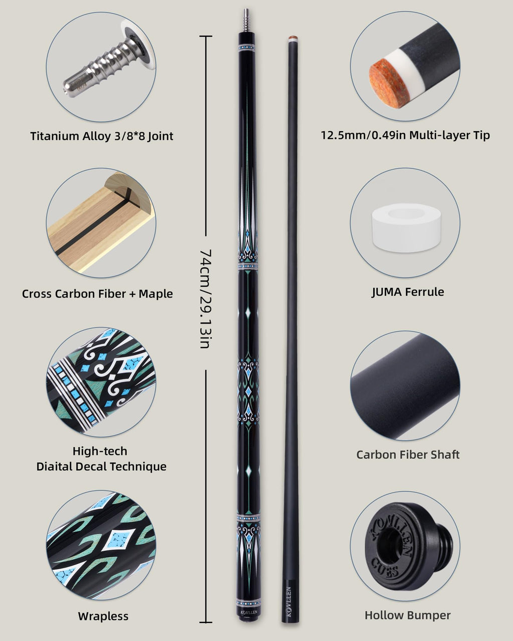 KONLLEN Carbon Fiber Pool Cue Stick 58-inch Professional Pool Sticks Set Low Deflection Pool Cue for Adults