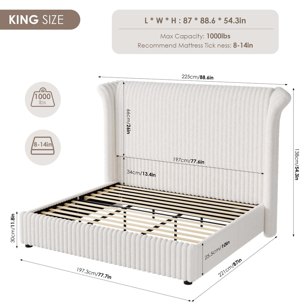 Keyluv King Bed Frame with 54.3” Tall Faux-Fur Wingback Headboard, Upholstered Platform Bed with LED Light, Mattress Foundation with Solid Wooden Slats Support, No Box Spring Needed, Noise-Free, Beige