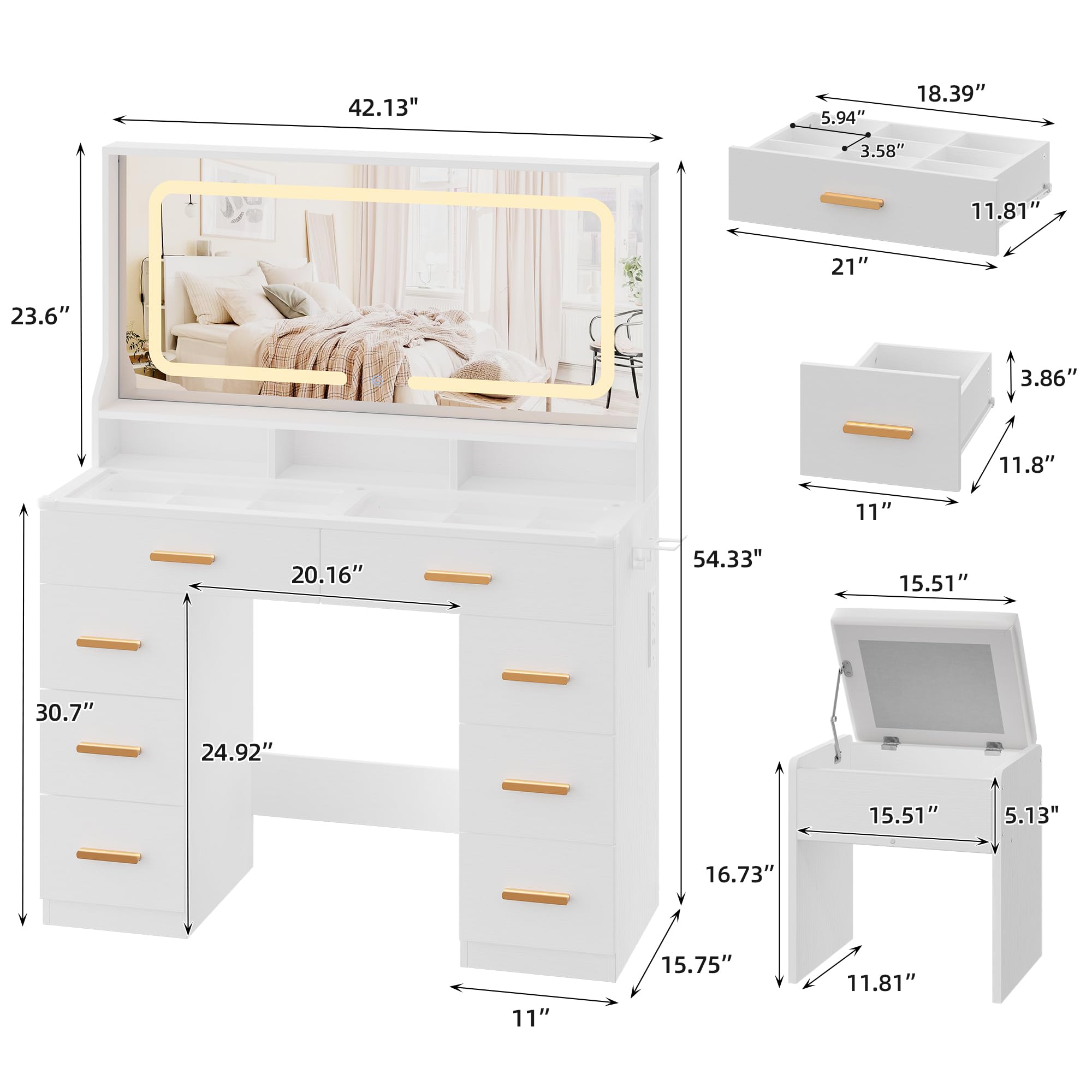 MilleLoom Vanity Desk with Large Mirror & Lights, Makeup Vanity Desk with 8 Drawers & 3 Storage Shelves, Makeup Vanity Table Set with Transparent Glass Top, Stool & Power Outlet for Bedroom, White