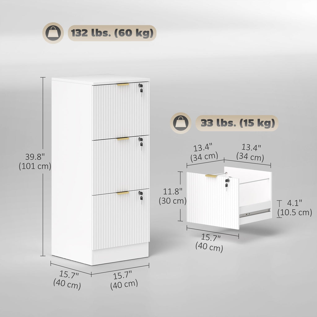 HOMCOM 3 Drawer File Cabinet, Fluted Vertical Filing Cabinet with Lock and Adjustable Hanging Rails for A4 Letter Size Files, Printer Stand with Storage, White