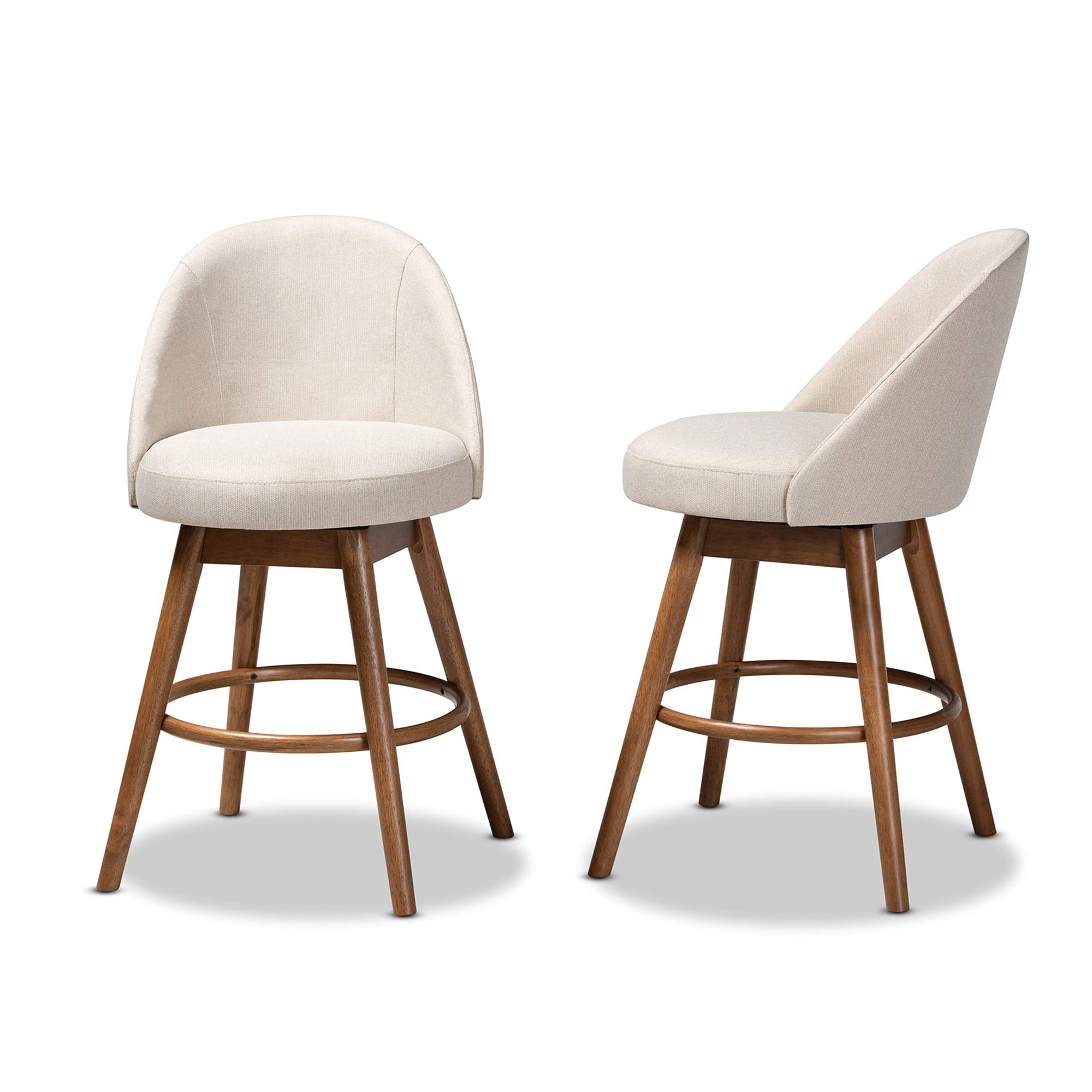 Baxton Studio Carra Mid-Century Modern Light Beige Fabric Upholstered Walnut-Finished Wood Swivel Counter Stool