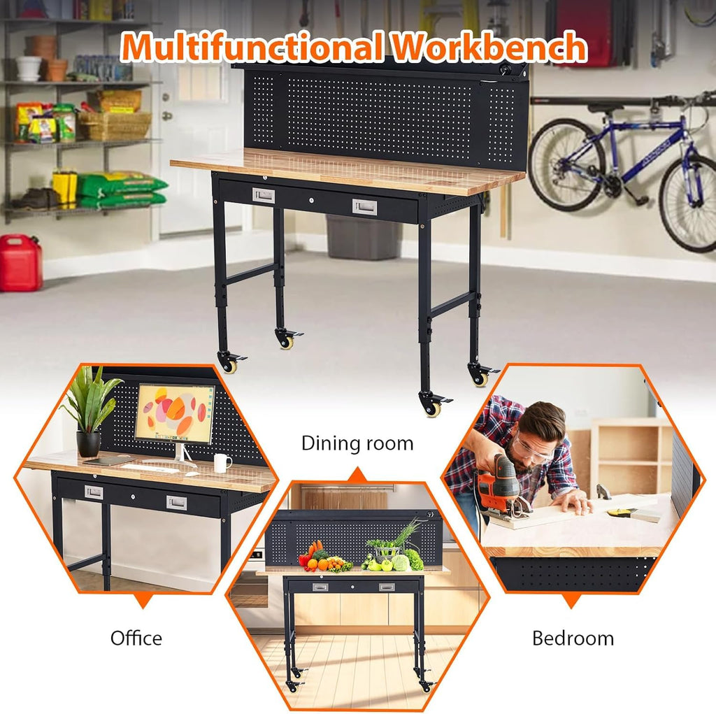 Workbench Adjustable Heavy-Duty 60" L X 22" W Workbench with Power Outlet, Drawers, Pegboard, and Wheels – 2200 Lbs Capacity Rubber Wood Top, Rolling Work Benchesfor Garage, Workshop, Home, Office