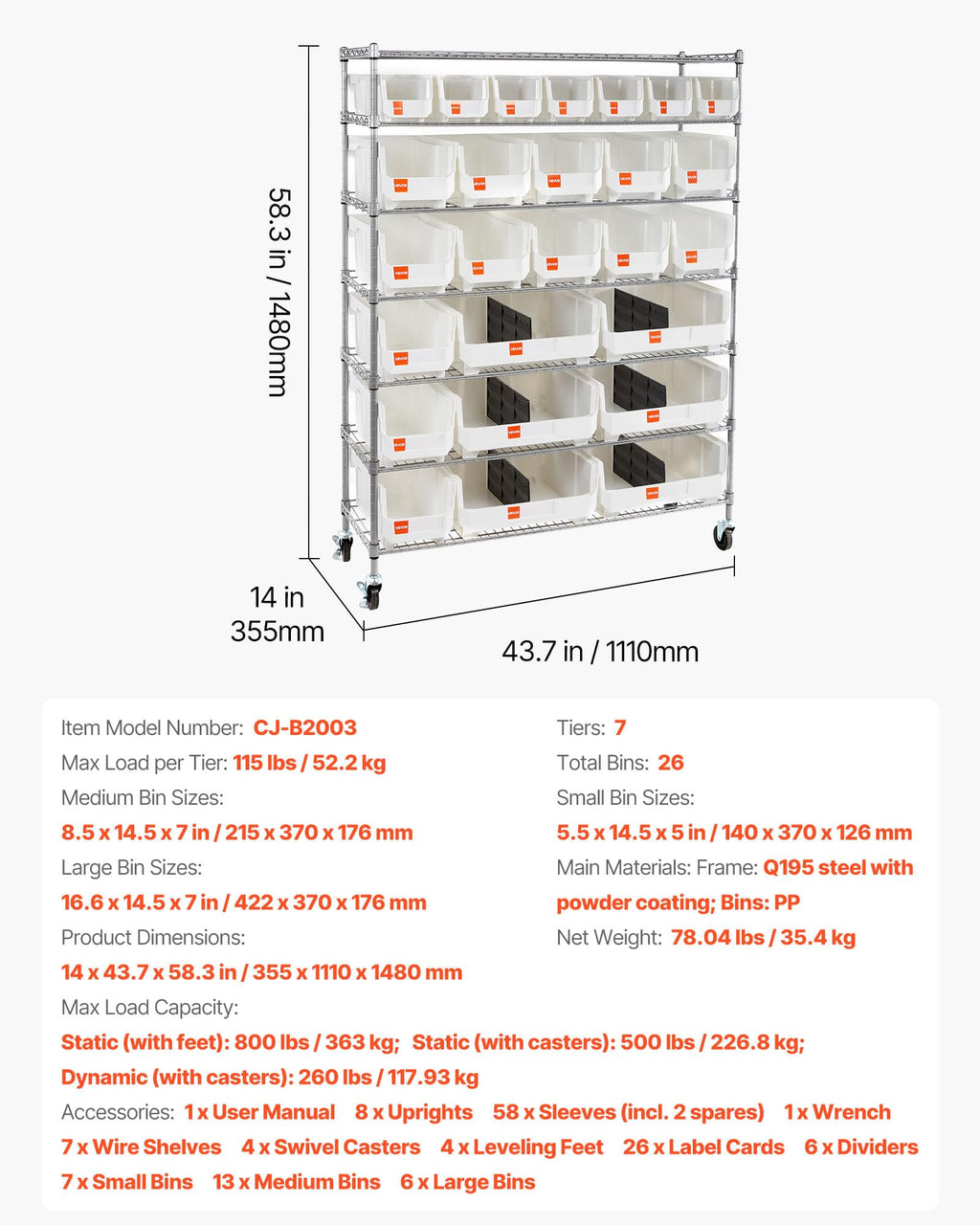 VEVOR 7-Tier Rolling Bin Storage Rack, 26 Organizer Bins, Bin Rack Storage Steel Wire Shelving System with Wheels, Mobile Tool Organizer for Garage, Warehouse, Office, Restaurant, Kitchen, Classroom