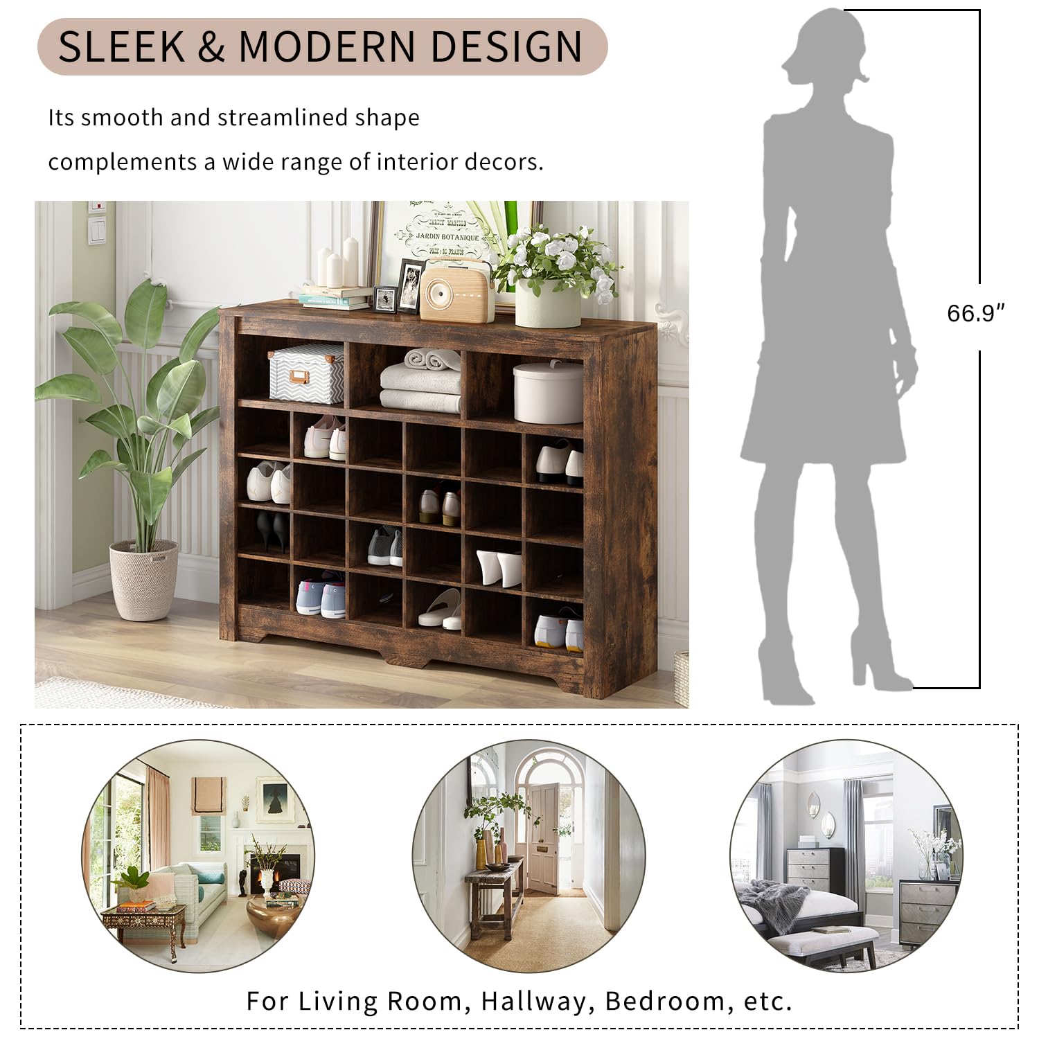 Merax Sleek Design 24 Shoe Cubby Console, Modern Storage Cabinet with Curved Base, Versatile Sideboard for Hallway, Bedroom, Living Room, Rustic Brown