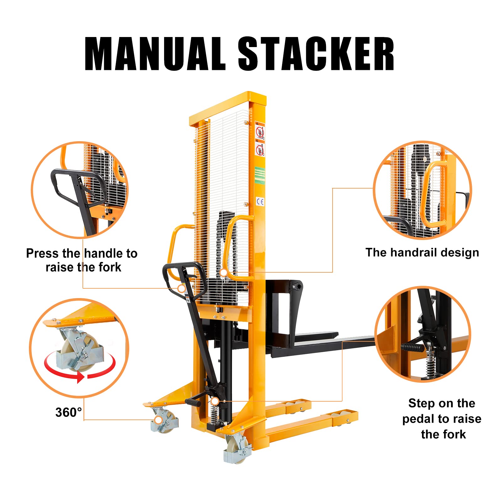 APOLLO Manual Pallet Stacker Hand Pallet Forklift 2200lbs Capacity 63" Lift Height, Fix Legs with Adjustable Forks Suitable for Open-Bottom Pallets