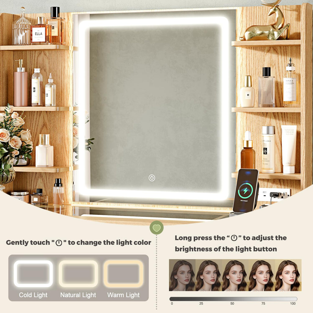 GRUTEUNIT 43" Makeup Vanity Desk with Mirror and Lights&Power Outl, 3 Adjustable Light Color,Glass Top Big Vanity Table with 9 Drawers & 6 Shelves,Girls Vanity for Bedroom, Oak