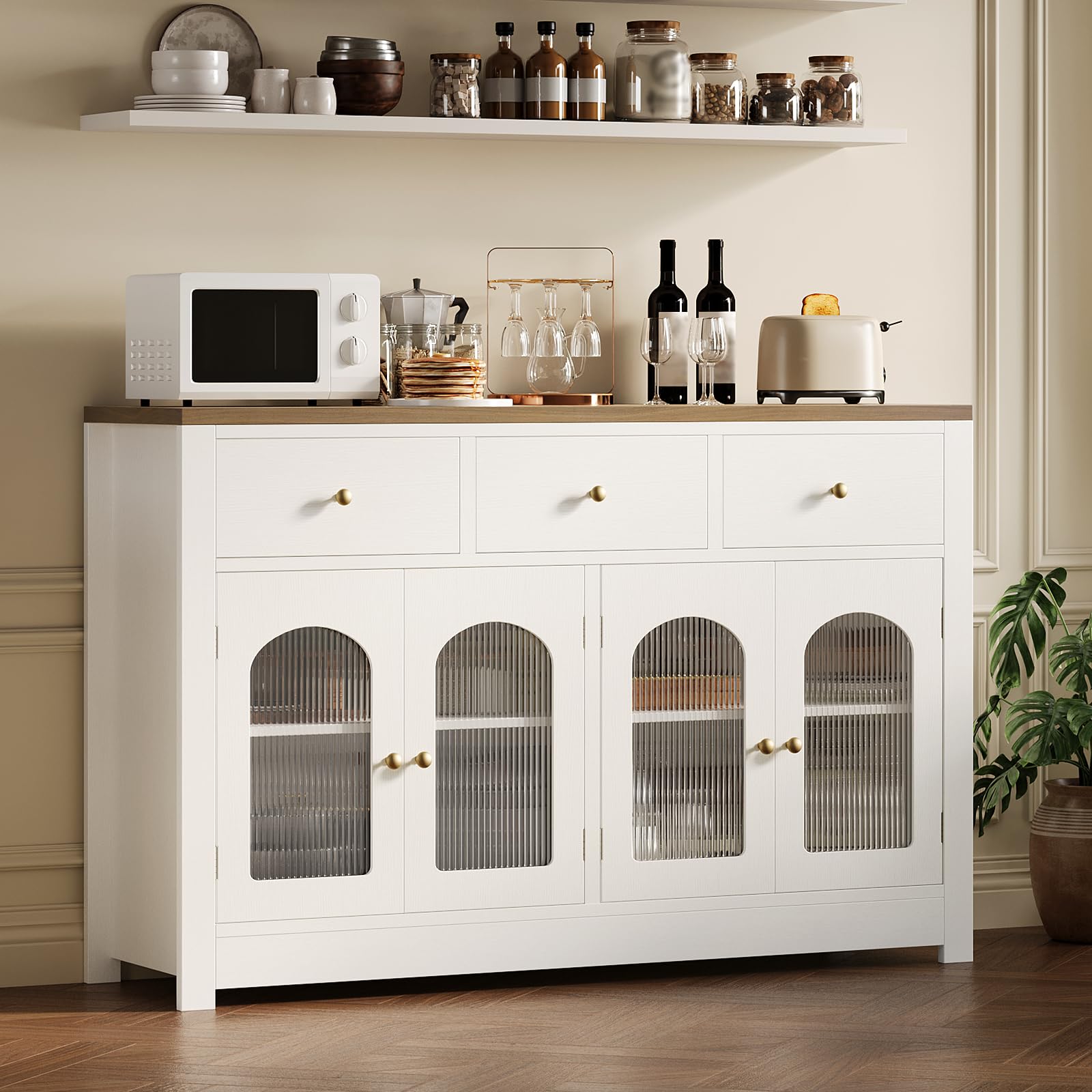 Farmhouse Large Buffet Sideboard Cabinet with 4 Doors & 3 Drawers, Kitchen Cabinet Display Cabinet with Adjustable Shelf, Wine Buffet Cabinet with Storage for Dining Room, Living Room, White