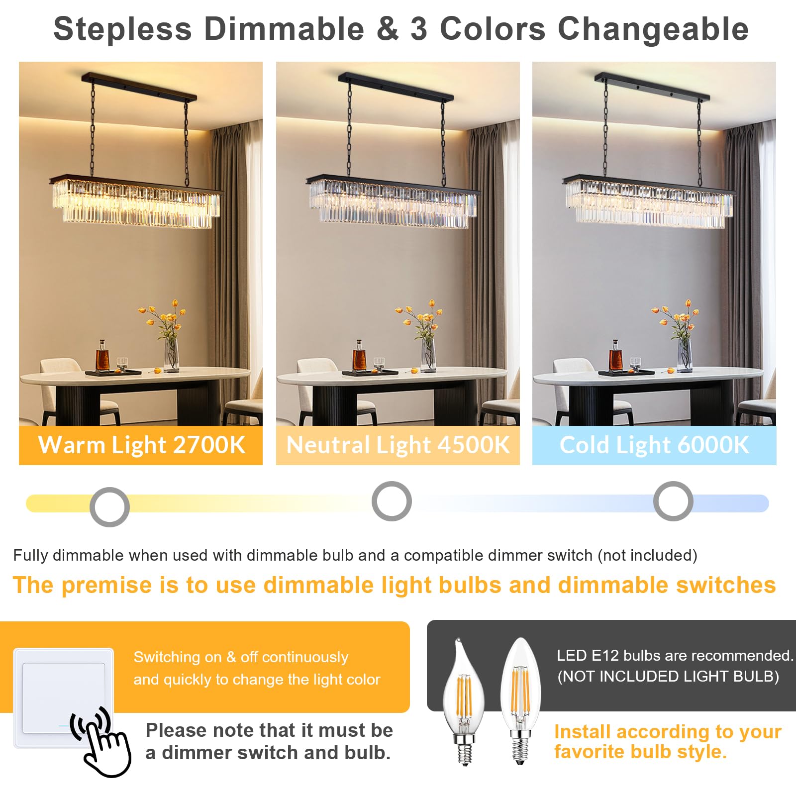 NOXARTE Rectangle Chandeliers for Dining Room, Modern Rectangular Crystal Chandelier Black 8 Lights Pendant Fixture for Kitchen Island Bar Living Room L47 Inch