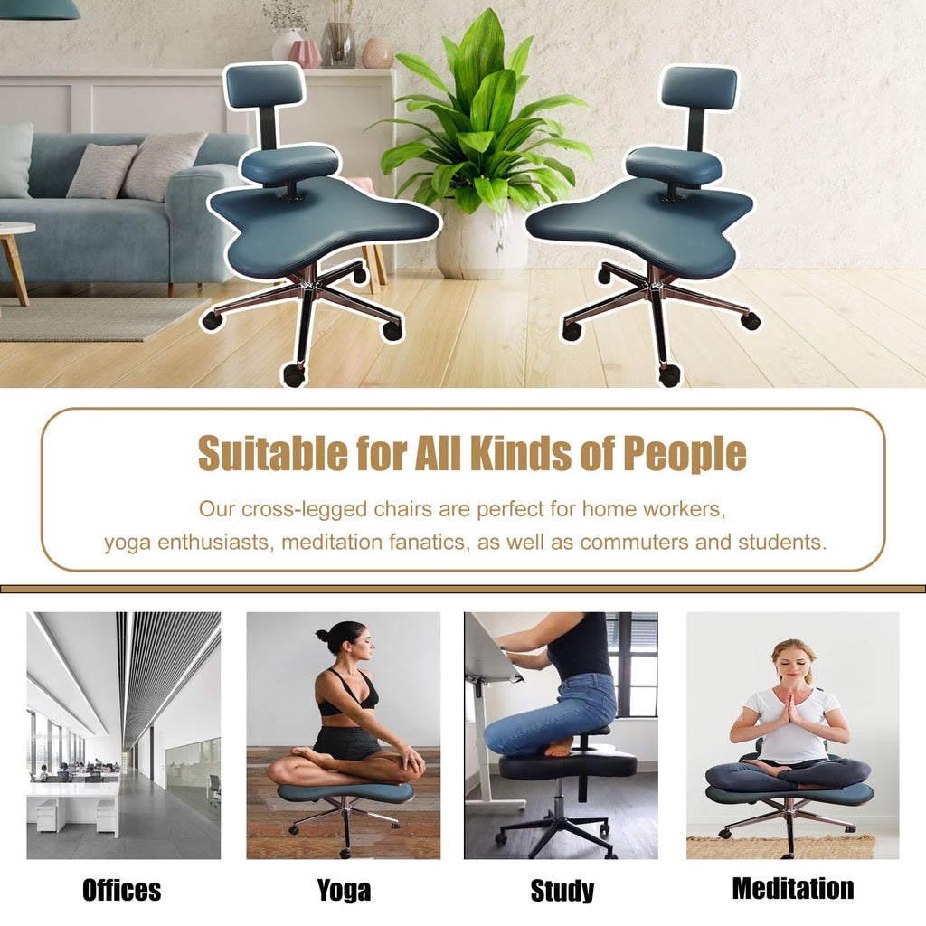 Office Chair Cross Legged Chair，Office Worker Leisure Chair with Footstool, Cross Legged Sitting Stool Chairs for Meditation Relax, Ergonomic Kneeling Seat for Office w/Back Support(Blue)