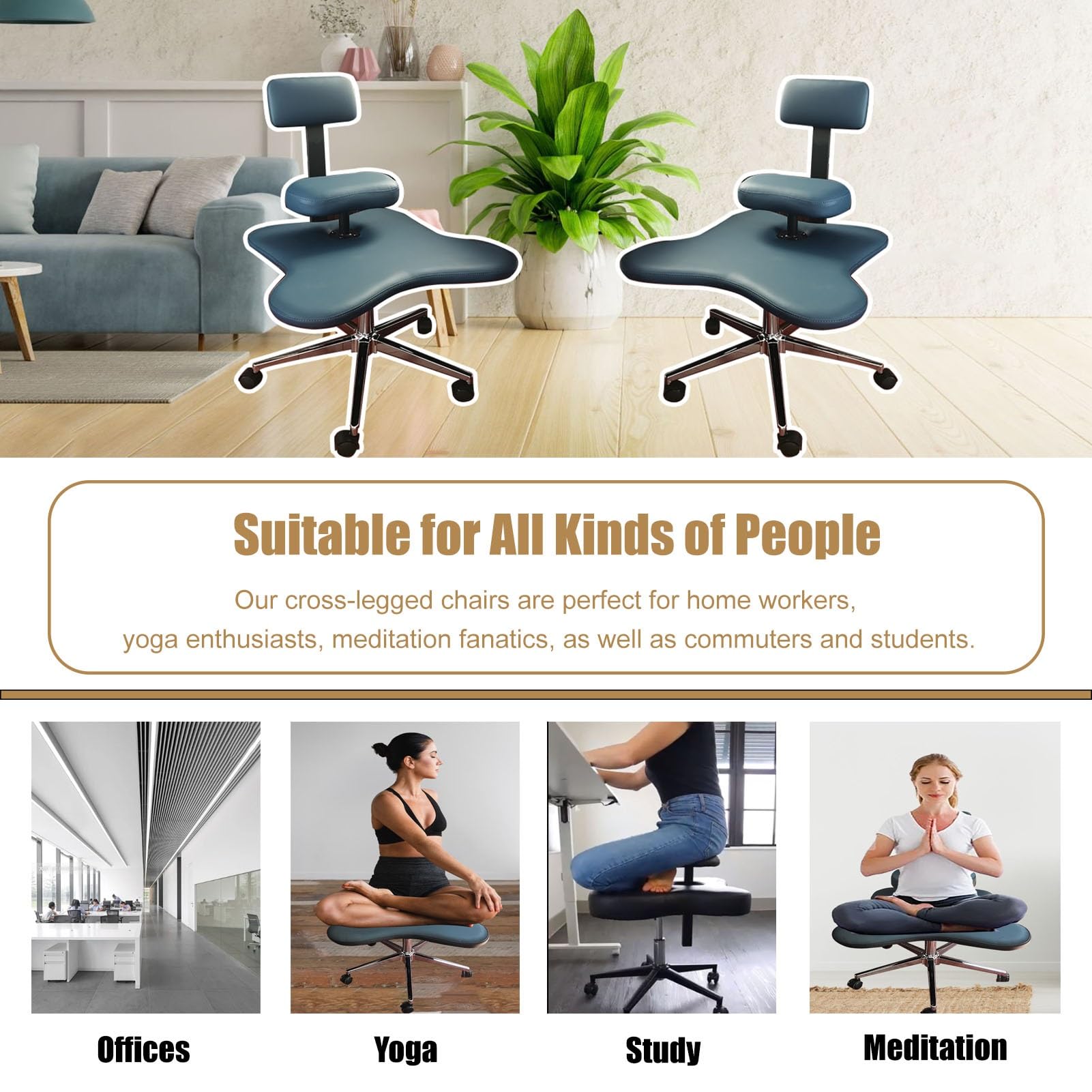 Office Chair Cross Legged Chair，Office Worker Leisure Chair with Footstool, Cross Legged Sitting Stool Chairs for Meditation Relax, Ergonomic Kneeling Seat for Office w/Back Support(Blue)