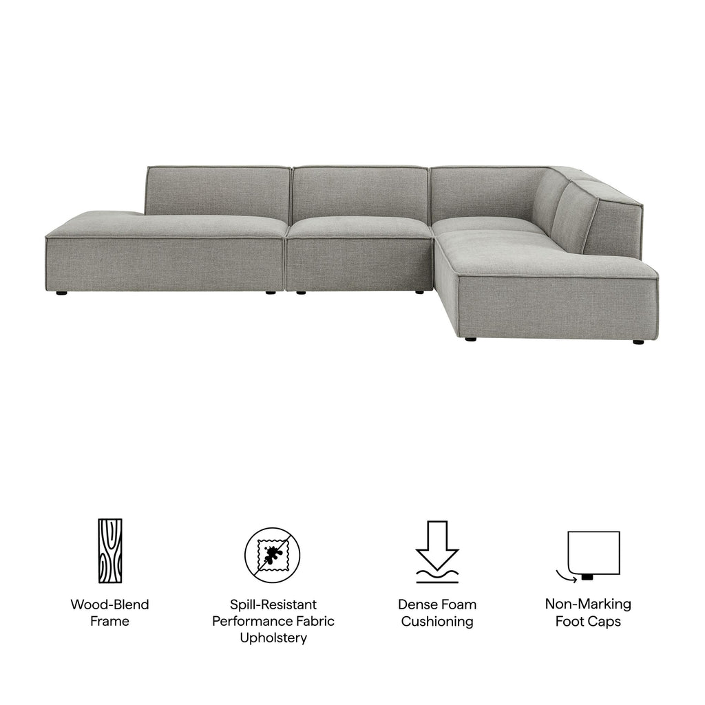 Modway Restore Performance Fabric Upholstered 4-Piece Modular L-Shaped Armless Sectional Sofa in Pewter – Low Profile Couch with Coil Seat Support and French Piping